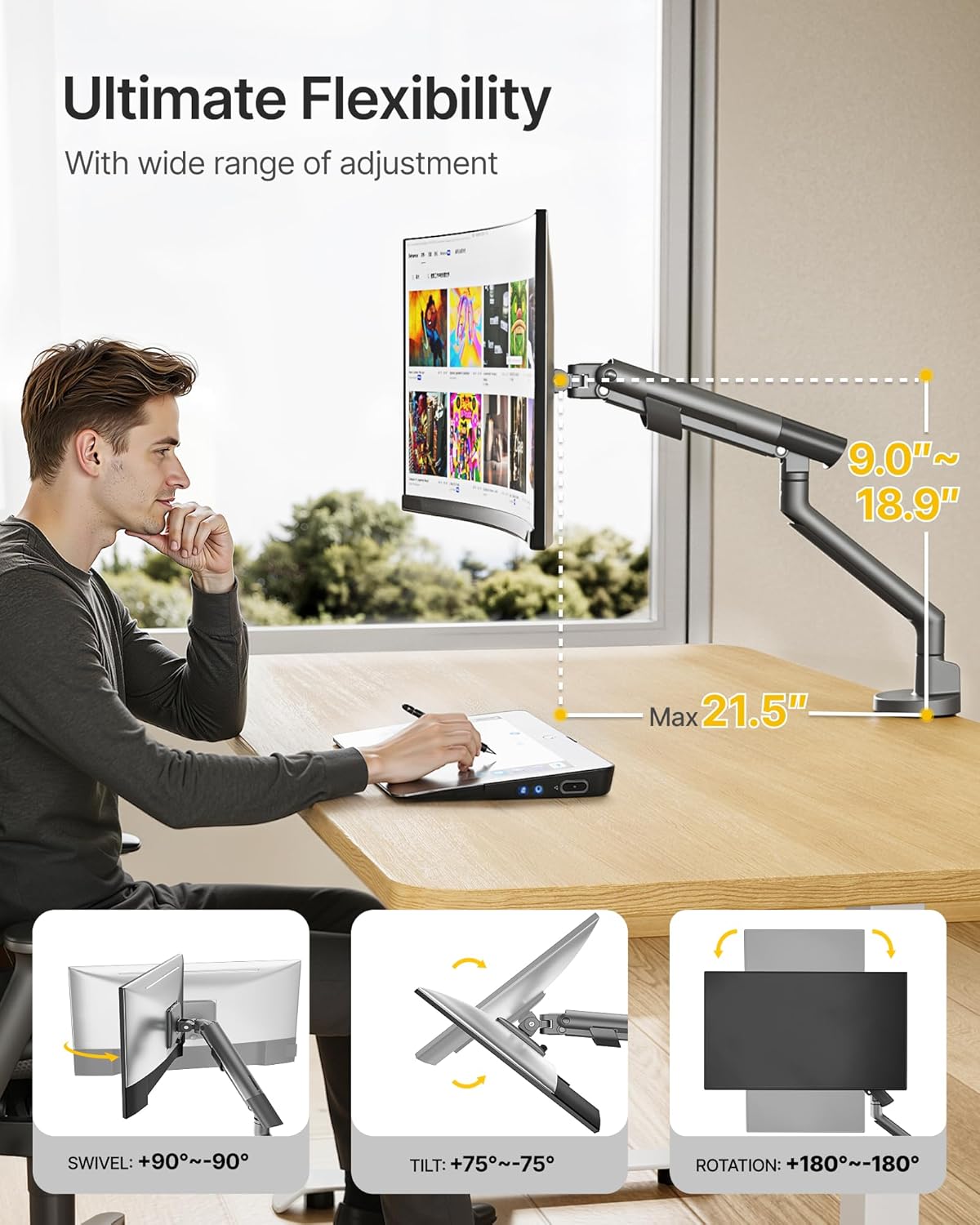 monTEK Heavy Duty Single Monitor Arm for 17-40 Inch Screens, Full Motion Monitor Mount Up to 24.3lbs, Aluminum Monitor Stand with VESA 75/100mm, C-Clamp/Grommet Base for Curved Screens, Gray, MA1010DG
