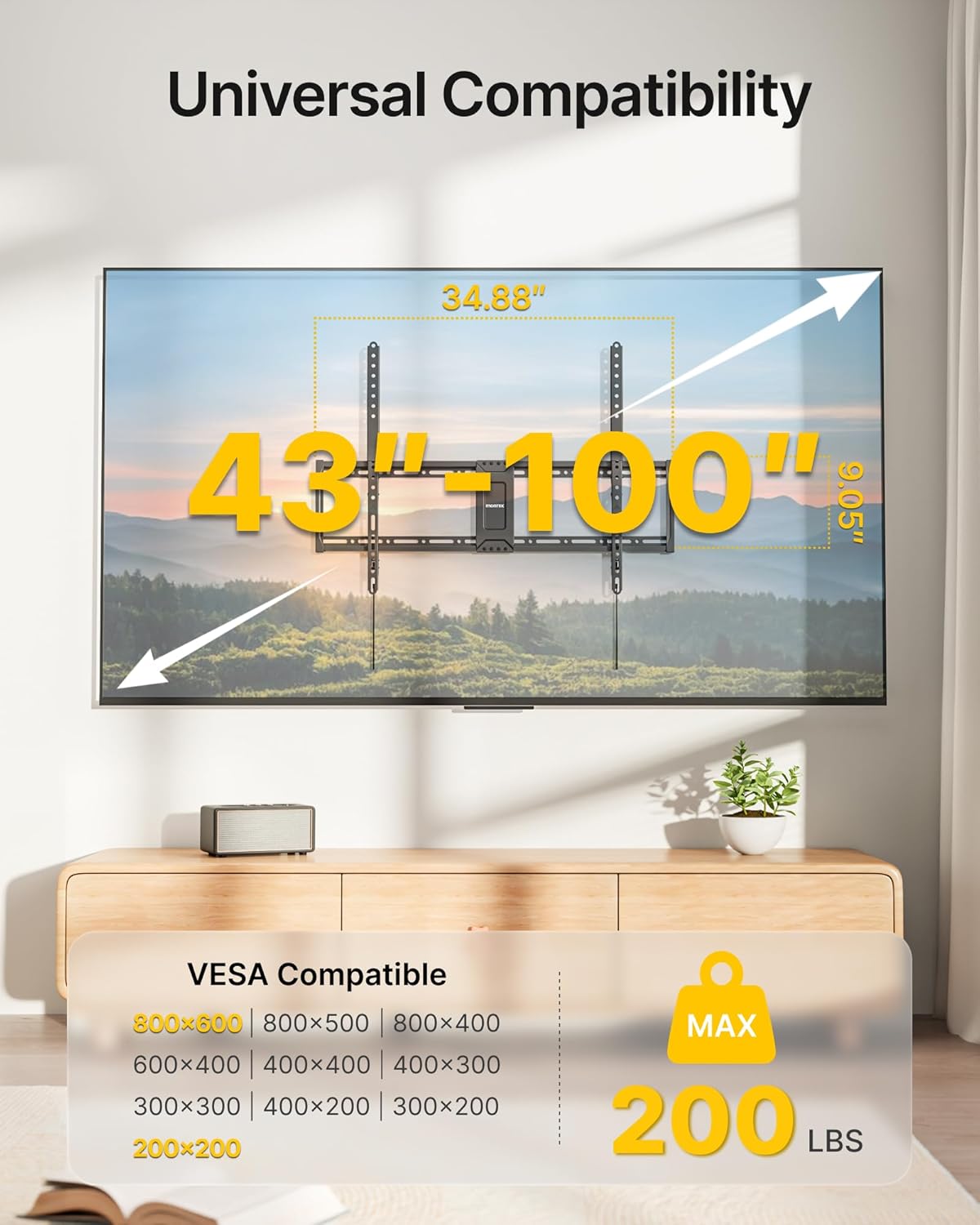 monTEK Heavy Duty Fixed TV Wall Mount for 43–100 Inch TVs up to 200 lbs, 1.2" Ultra Slim Low Profile Wall Mount Bracket, Max VESA 800x600mm, Fits 16"/18"/24"/32" Wood Studs, Secure Space-Saving Design