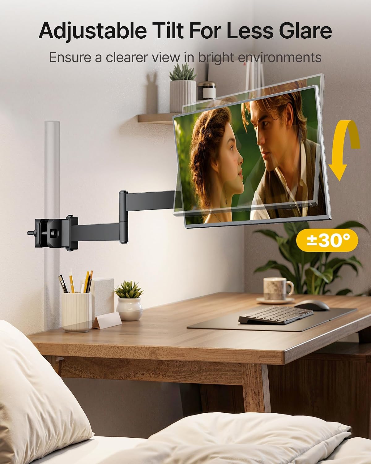 monTEK Universal Pole Monitor Arm 25 Inch Extra Long Reach - Single Desk Mount for 17-32 inch Screens, Steel Full Motion Mount, VESA 75/100mm, 636mm Extension