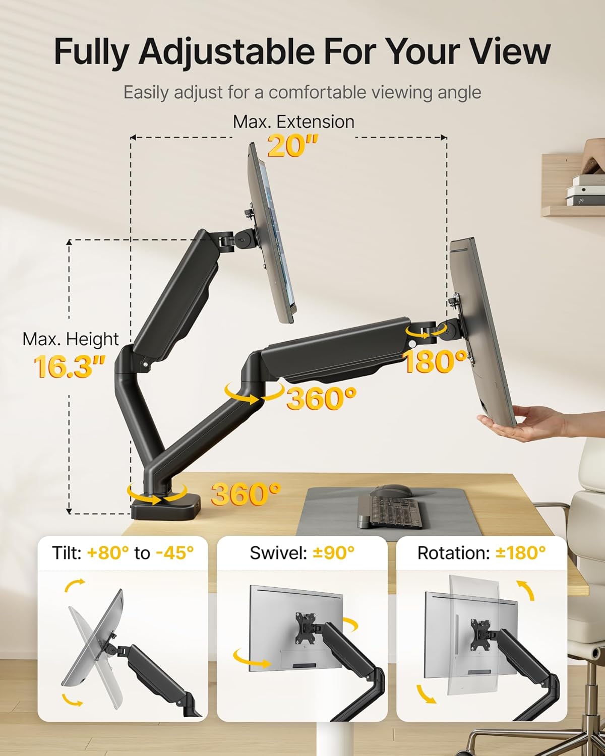 monTEK Heavy Duty Dual Monitor Arm with USB/Audio Ports for 17-32” Screens, Premium Mechanical Spring Monitor Arm up to 19.8 lbs, Full Motion Monitor Desk Mount, VESA 75/100 mm, Clamp/Grommet