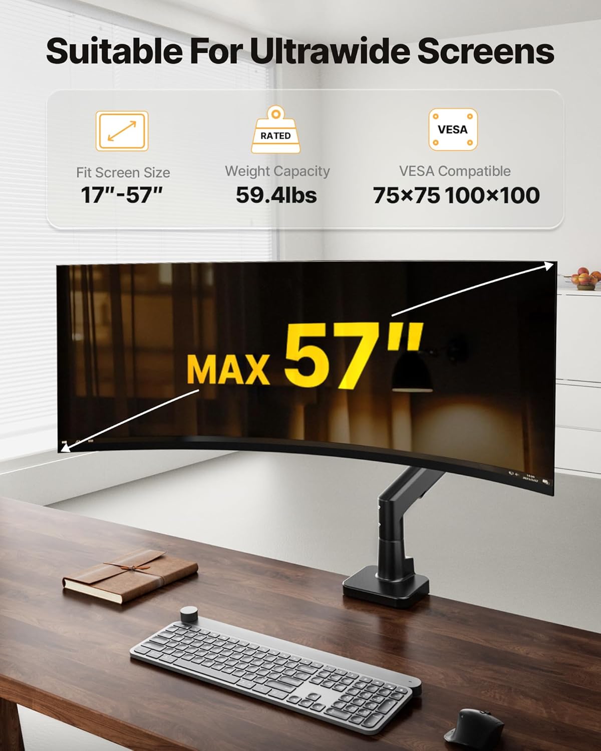 monTEK Sleek Aluminum Monitor Arm for 17–57” Ultrawide Screens up to 59.4 lbs, Heavy Duty Single Monitor Arm Desk Mount, Pneumatic Lift, Quick-Release Plate, Clamp/Grommet, Max VESA 100x100
