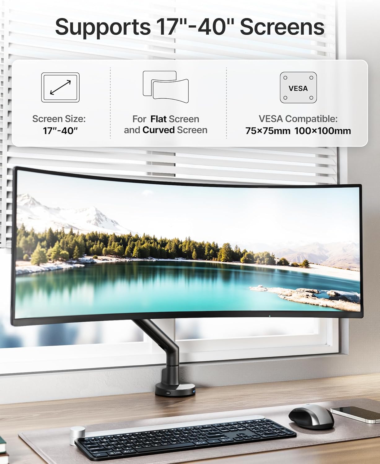 monTEK Single Monitor Arm with USB for 17-40 Inch Screens, Up to 24.3lbs, Heavy Duty Monitor Mount with VESA Mount, Full Motion Adjustment Monitor Stand C-Clamp/Grommet Base,VESA 75/100mm, MA1010UCBK