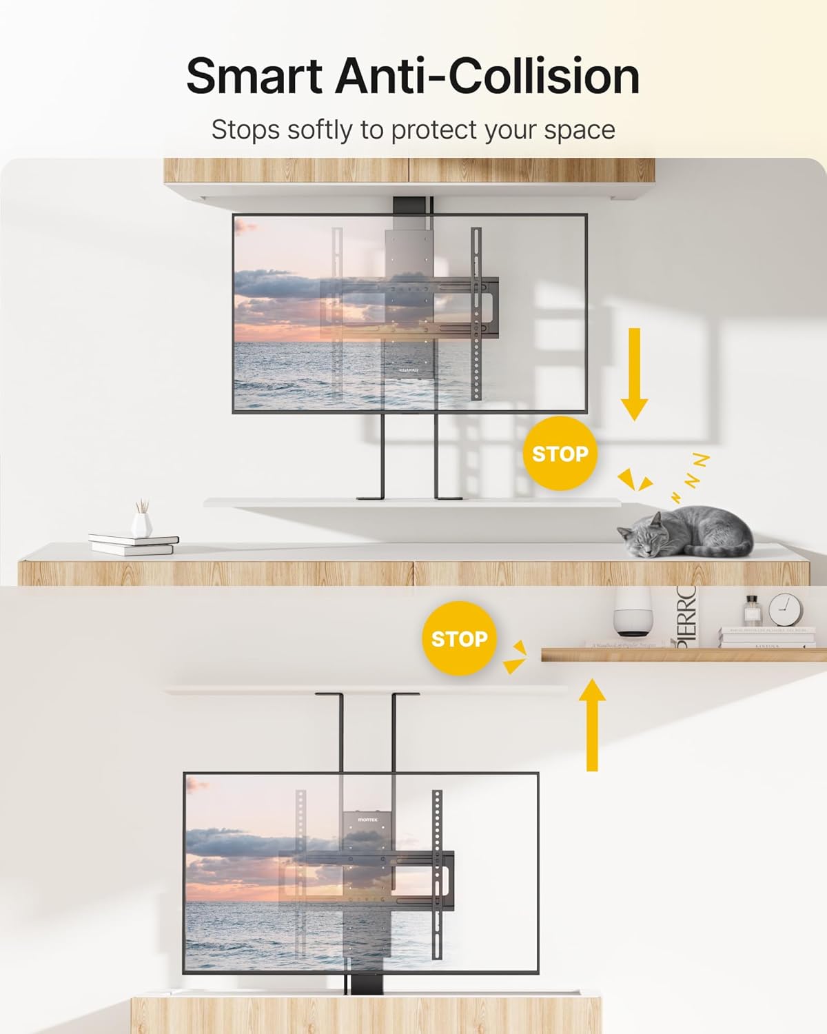 monTEK Motorized TV Lift for 32-48 inch TVs, Ceiling&Vertical TV Lift Mechanism with RF Remote, Smart Phone & Voice Control via WiFi, Up to 132lbs, 4X Load Tested, Max VESA 400 * 400