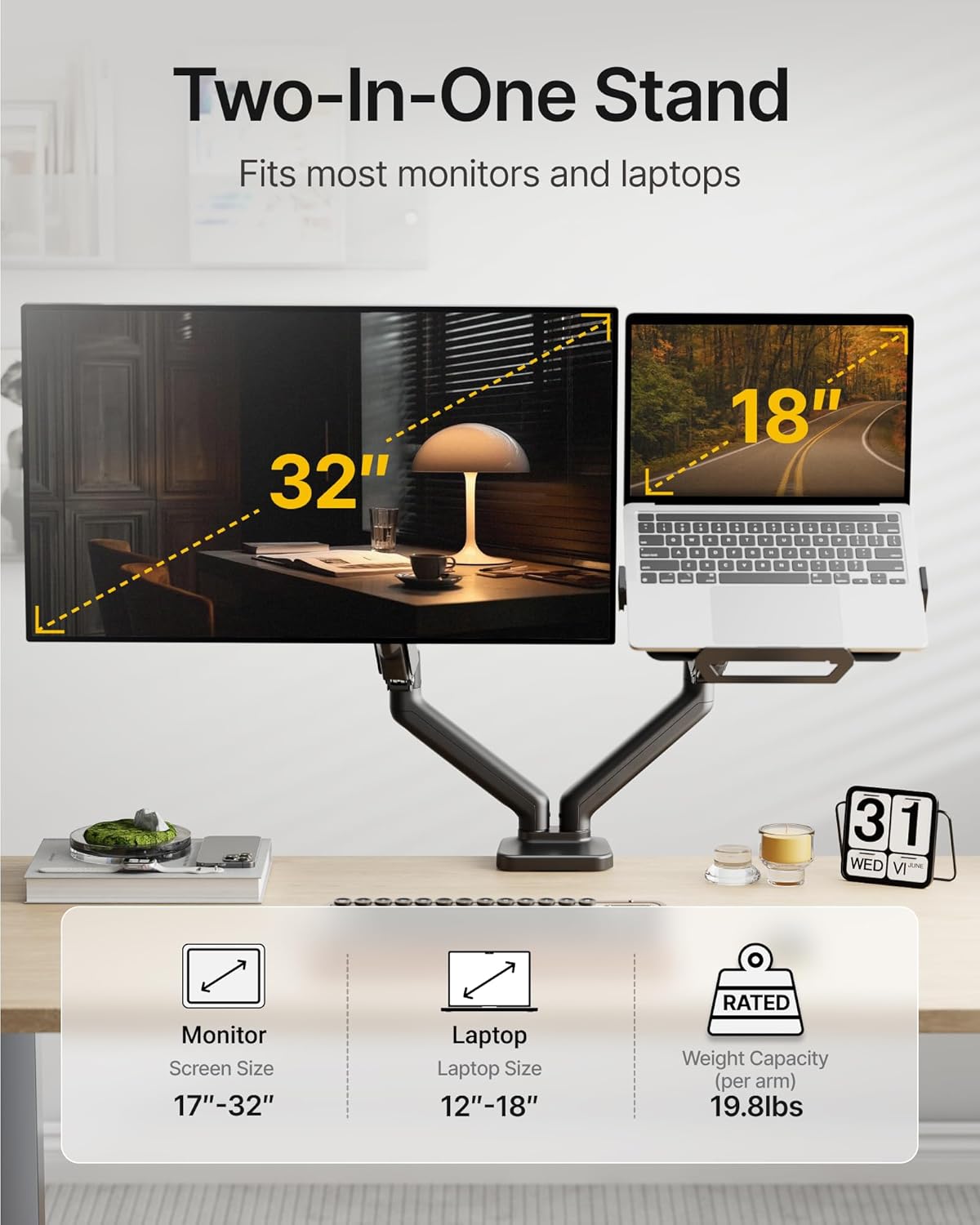 monTEK Laptop Arm Mount for Desk for Max 32” Screen and 18” Notebook, Dual Monitor Stand with Adjustable Laptop Holder, Holds up to 19.8 lbs, Full Motion Arm with Clamp/Grommet Base, 75/100 VESA Mount