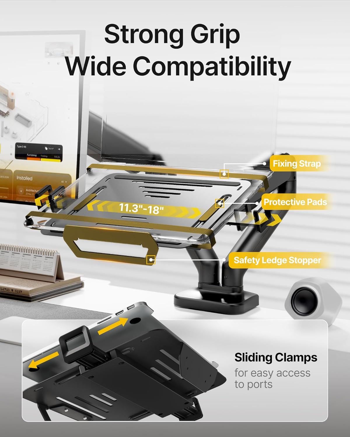 monTEK Laptop Arm Mount for Desk for Max 32” Screen and 18” Notebook, Dual Monitor Stand with Adjustable Laptop Holder, Holds up to 19.8 lbs, Full Motion Arm with Clamp/Grommet Base, 75/100 VESA Mount