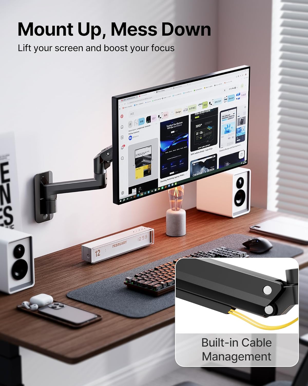 monTEK Ultra Wide Monitor Wall Mount for 17-49 Inch Screens, Heavy Duty Single Monitor Mount up to 44 lbs, Fully Adjustable Gas Spring Wall Mount, 75x75/100x100 VESA Mount, Black