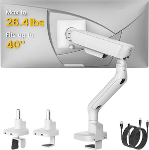 monTEK Single Monitor Arm with USB, Mechanical Spring Monitor Arm for 17-40" Screens, Adjustable Monitor Desk Mount Holds up to 26.4 lbs with C Clamp/Grommet Desk Mount, VESA 75/100mm, MA1011UCWH