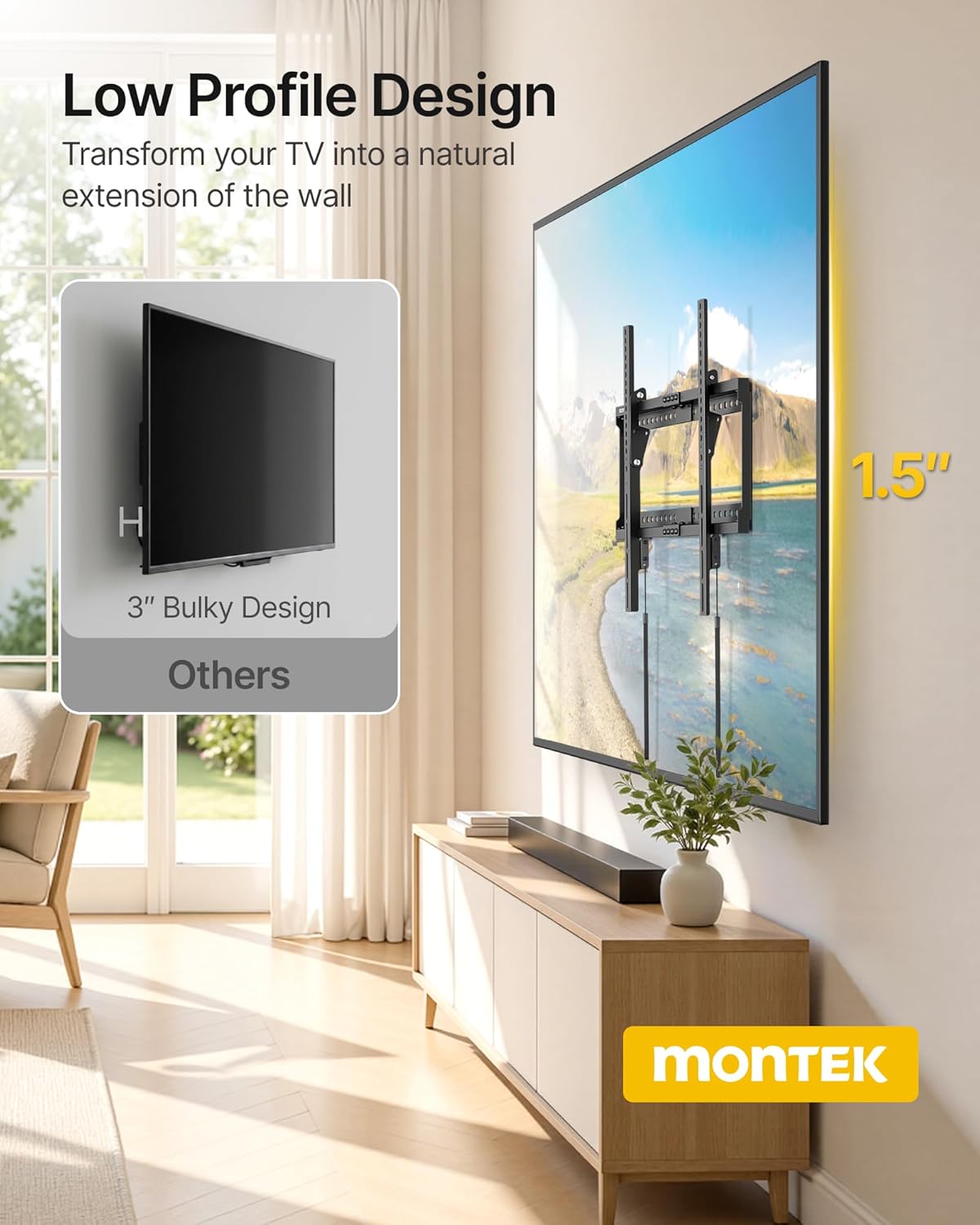 monTEK Heavy Duty TV Wall Mount Tilting Low Profile TV Bracket for 37-86 Inch Flat Screen Curved TVs, Anti-Glare Tilt TV Mount Fits 16"/18"/24" Studs, Max VESA 600x400mm, Holds up to 165 lbs