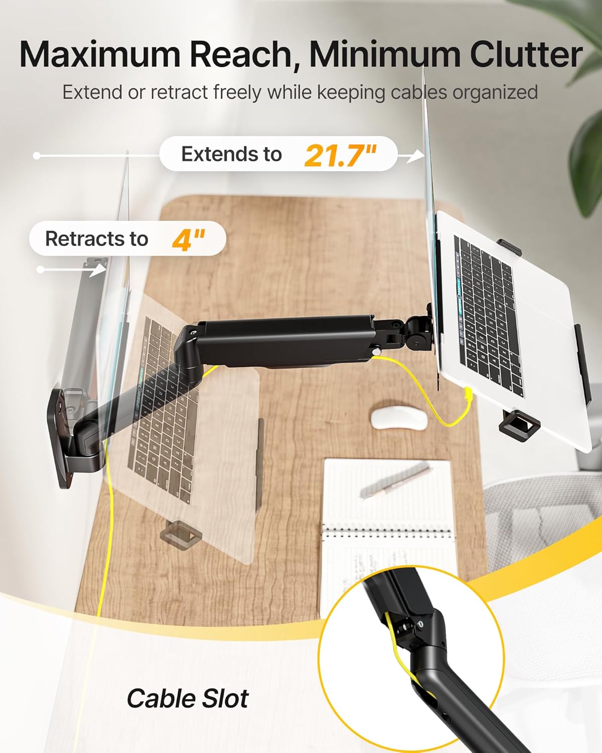 monTEK Laptop Arm Wall Mount, 2-in-1 Full Motion Monitor & Laptop Stand with Adjustable Tray, Fits Max 18" Notebook and 32" Screen, Metal Ergonomic Single Monitor Holds Up to 19.8lbs