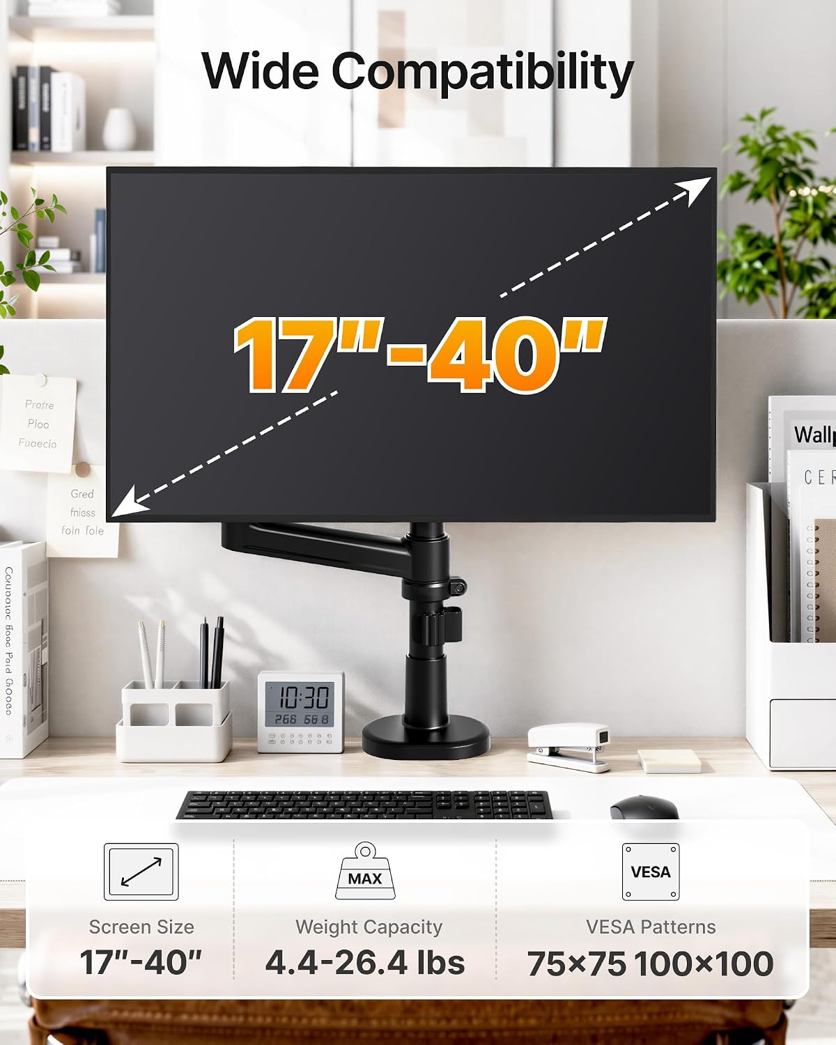 monTEK Single Monitor Arm with Pole, Aluminum Heavy-Duty Height Adjustable Desk Stand for 17″–40″ Ultrawide Computer Screens,Full Motions Arm Mechanical Spring Holds Up to 26.4lbs, VESA 75/100,Black