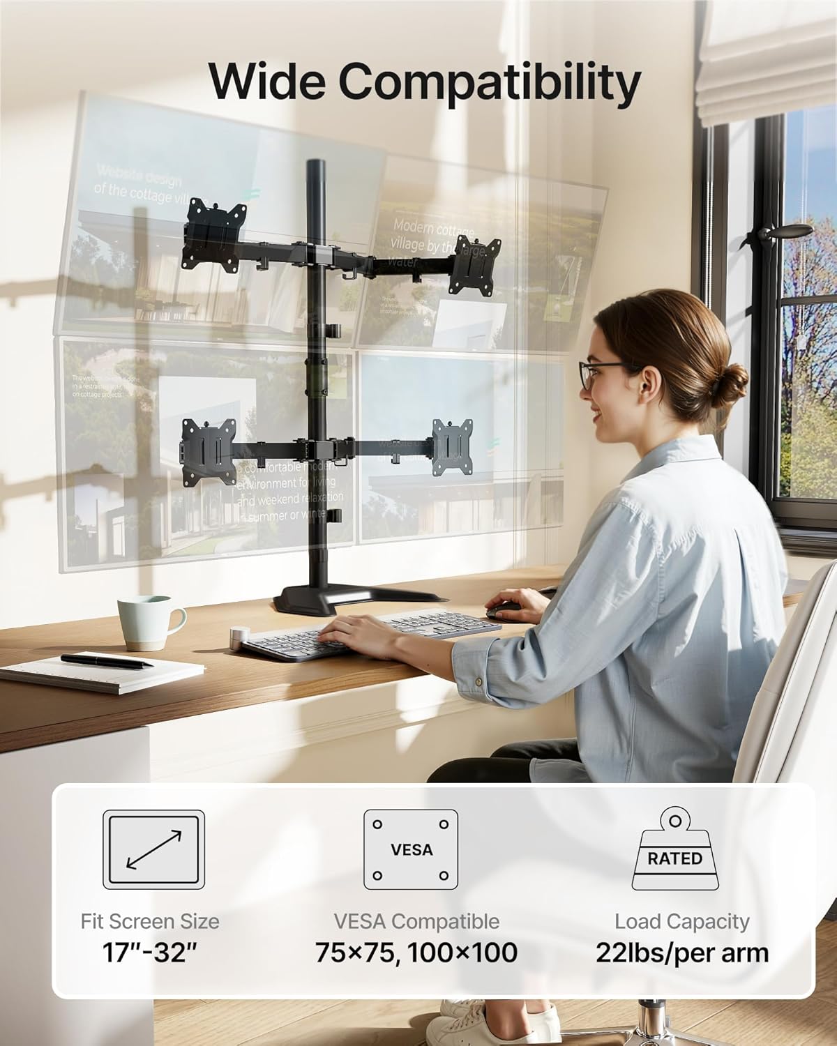 monTEK Stable Quad Monitor Stand, Free Standing Fully Adjustable Desk Mount for 4 Screen up to 17”-32” and 22lbs Capacity Each Arm, Heavy Duty Base, VESA 75x75mm/100x100mm