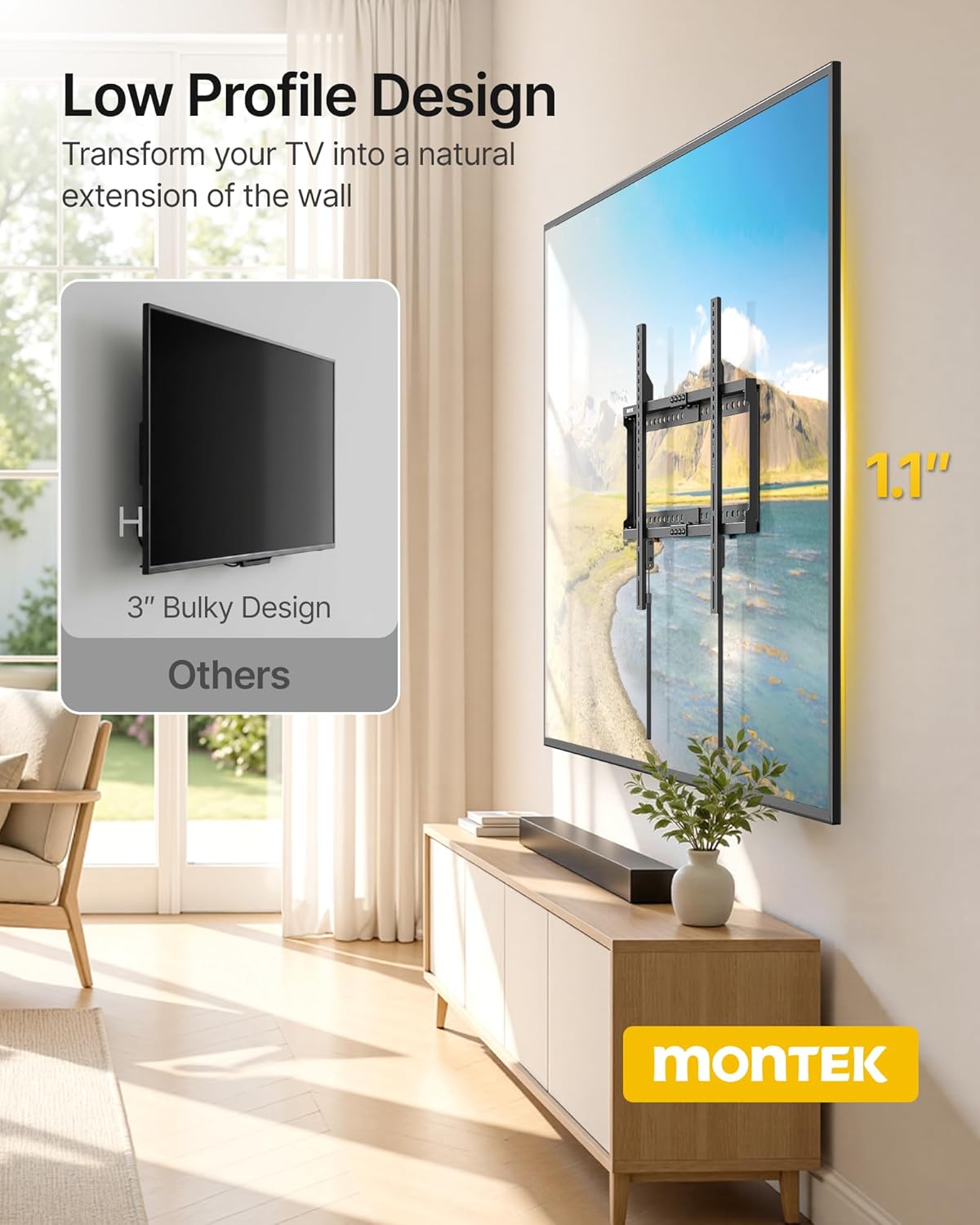 monTEK Fixed TV Wall Mount for 37-86 Inch Flat Curved TVs, Heavy Duty Low Profile Flush TV Mount Bracket Max VESA 600x400mm & 165 lbs Capacity, Fits 16"/18"/24" Wood Studs