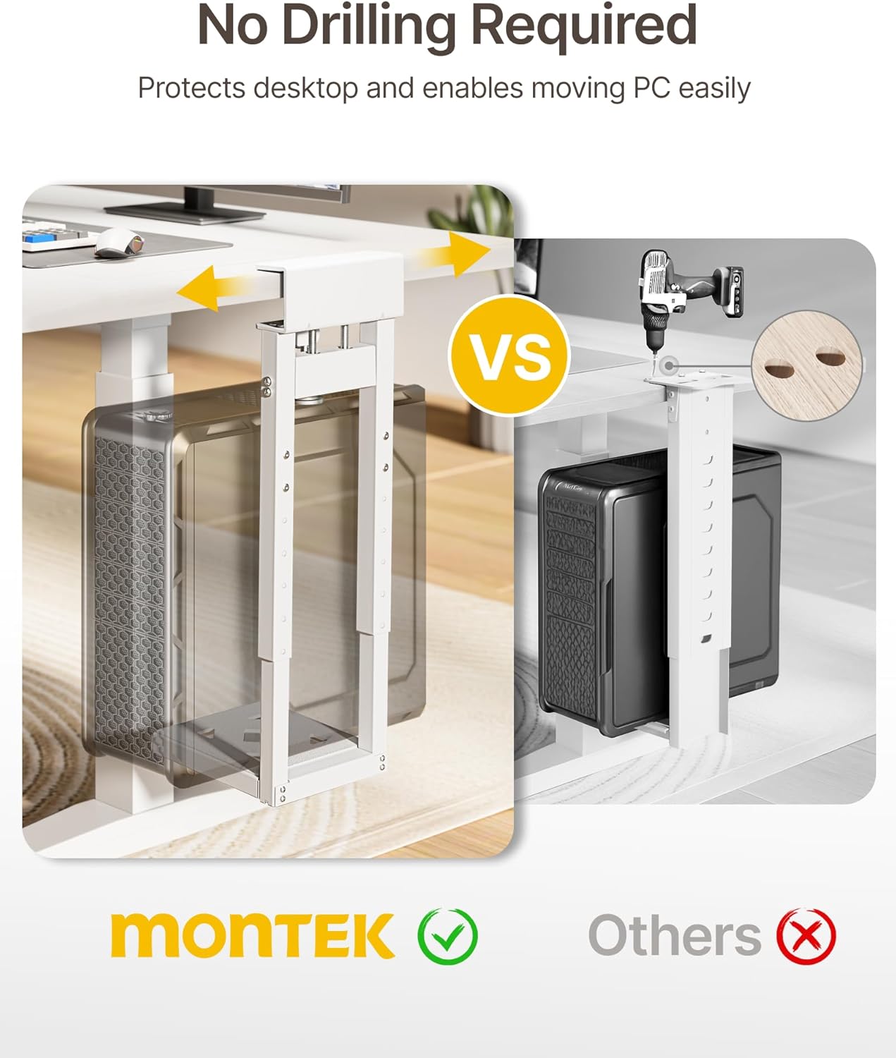 monTEK No Drill Under Desk PC Mount, Clamp-On Heavy Duty CPU Holder with Ventilated Cooling Design for Standing Desk & Home Office, Fits Most PC Cases 16.1"-25.6" (H), 66 lbs, White
