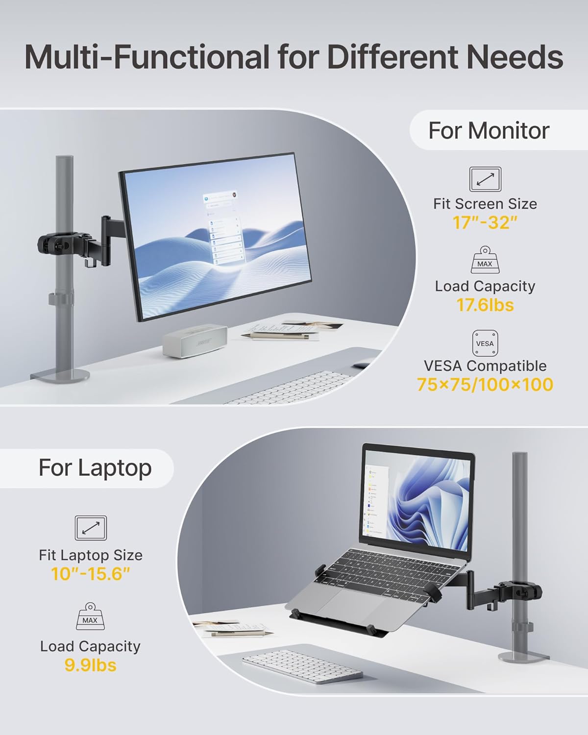 monTEK 2-in-1 Universal Laptop Pole Mount Tray for 10”- 15.6” Notebook or 17”-32” Monitor, Full Motion Laptop Mount with Removable 75/100mm VESA Plate, Fits 1.1”-2.4” Pole Diameter, Black