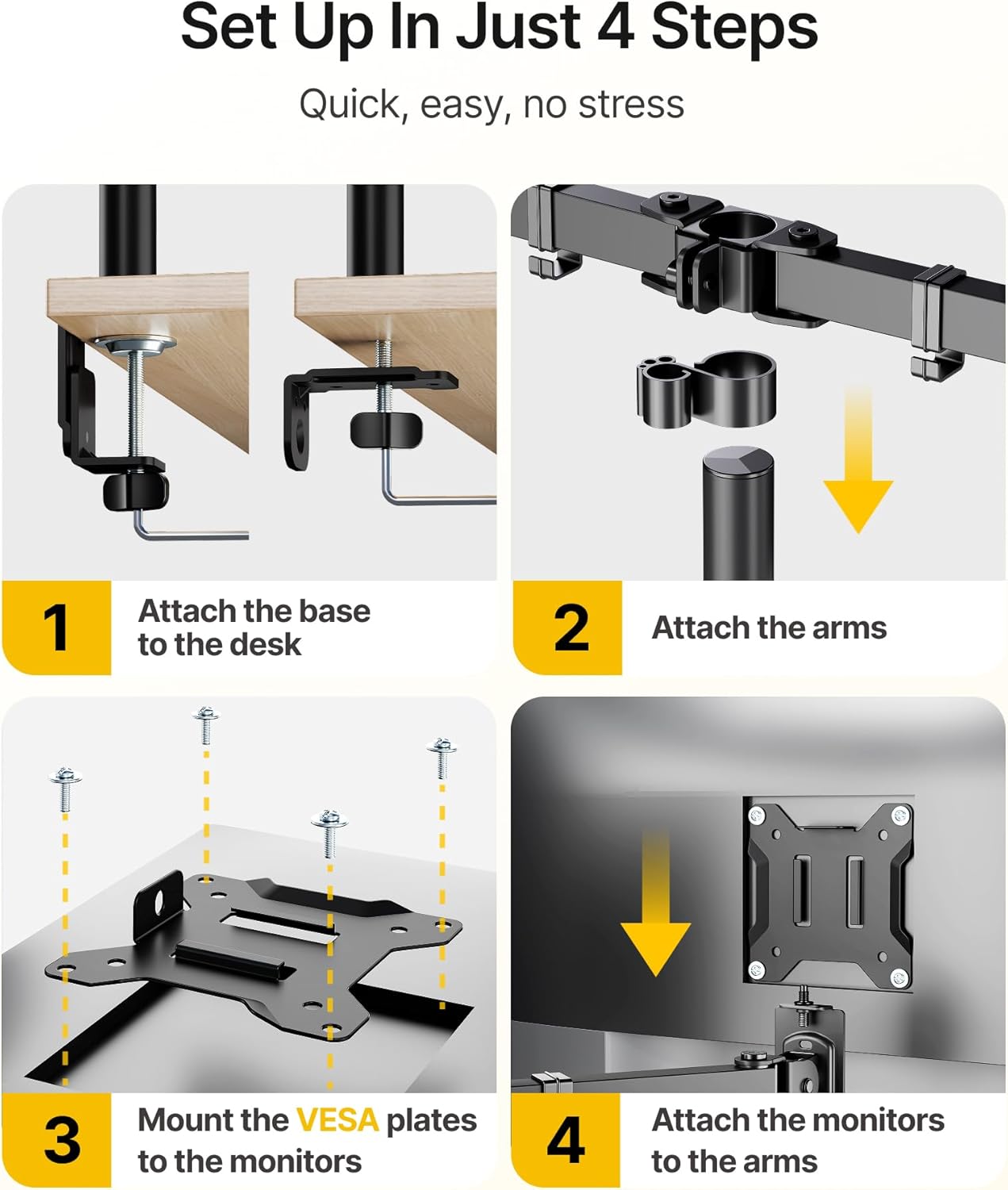 monTEK Quad Monitor Stand Mount, Fully Adjustable Desk Mount for 4 Screen up to 17”-32” and 22lbs Capacity Each Arm, Stable Monitor Arm with C Clamp and Grommet Base, VESA 75x75mm/100x100mm