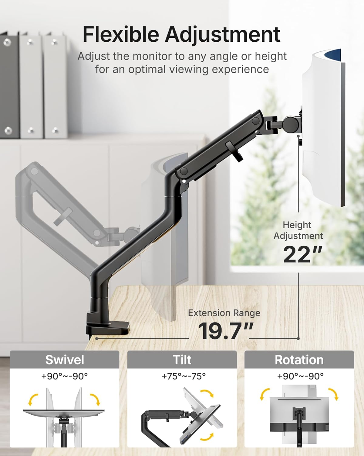 monTEK Single Monitor Arm with USB A/C, Ultrawide Monitor Stand for 17 to 57 Inch Curved Screen, Holds 59.4 lbs, Adjustable Gas Spring Arm, 75/100 VESA Mount, Clamp & Grommet Desk Mount, Black