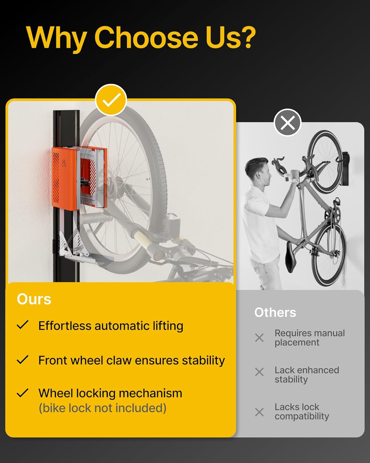 monTEK Automatic Lift EBike Rack – Fits 24-29" Tires, Heavy-Duty Vertical Wall Rack for Bicycles (Up to 71 lbs) - Effortless Lifting, Easy Install - Space-Saving Storage for Garage, Shed