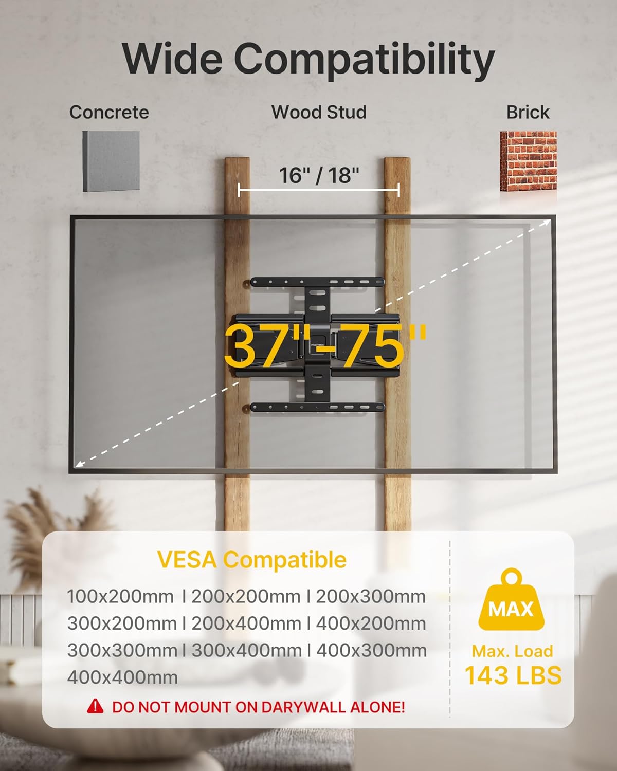 monTEK 0.77" Ultra Slim TV Wall Mount for 37-75 Inch TVs, Thin Low Profile Full Motion TV Wall Mount with Articulating Dual Arms, 4X Weight Tested, Max VESA 400x400mm, Fits 16/18" Studs
