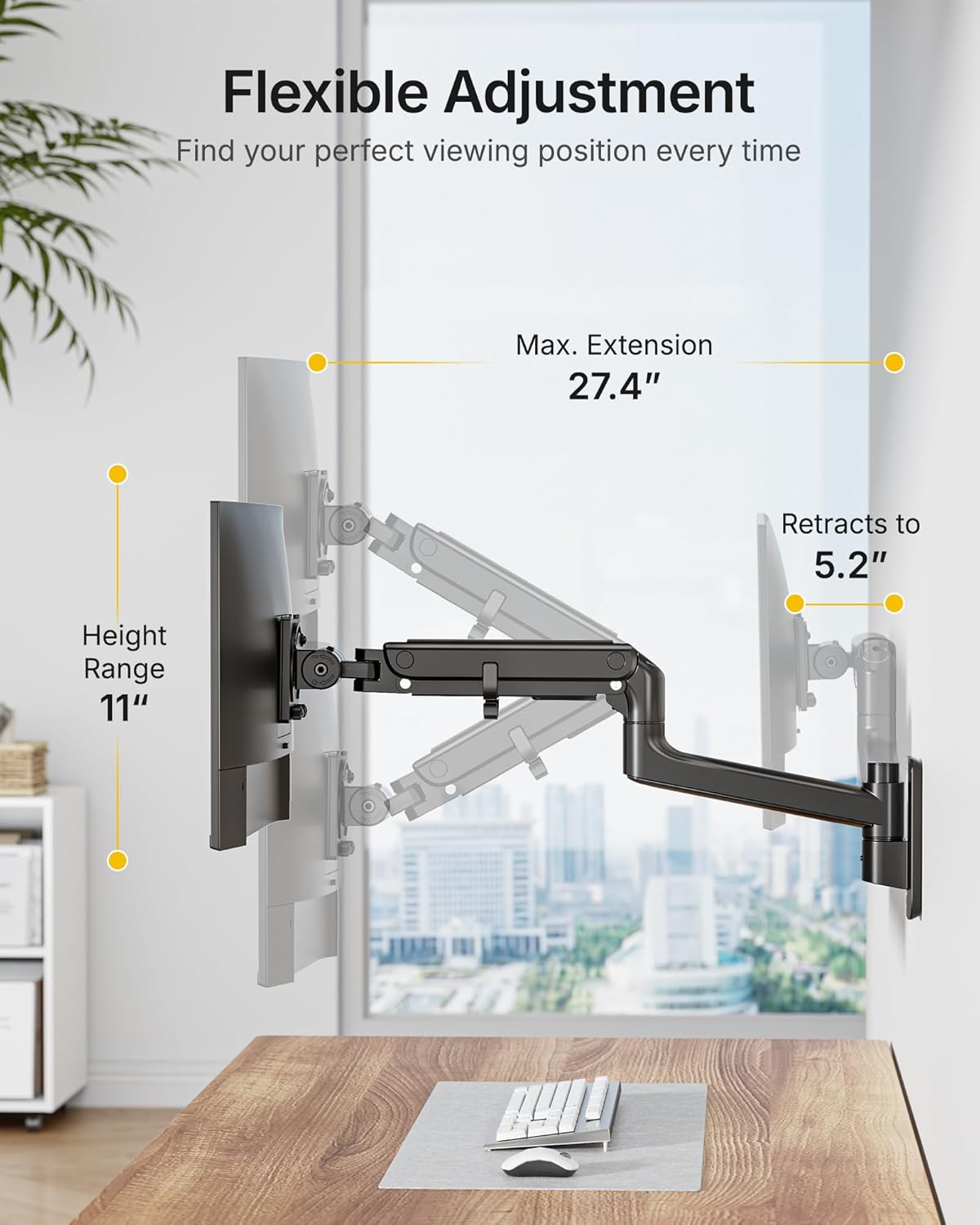 monTEK 17-49 inch Single Monitor Wall Mount for up to 44 lbs Ultrawide Screen, Premium Aluminum Heavy Duty Monitor Arm with Adjustable Gas Spring Arm, 75x75/100x100 VESA Mount, Black