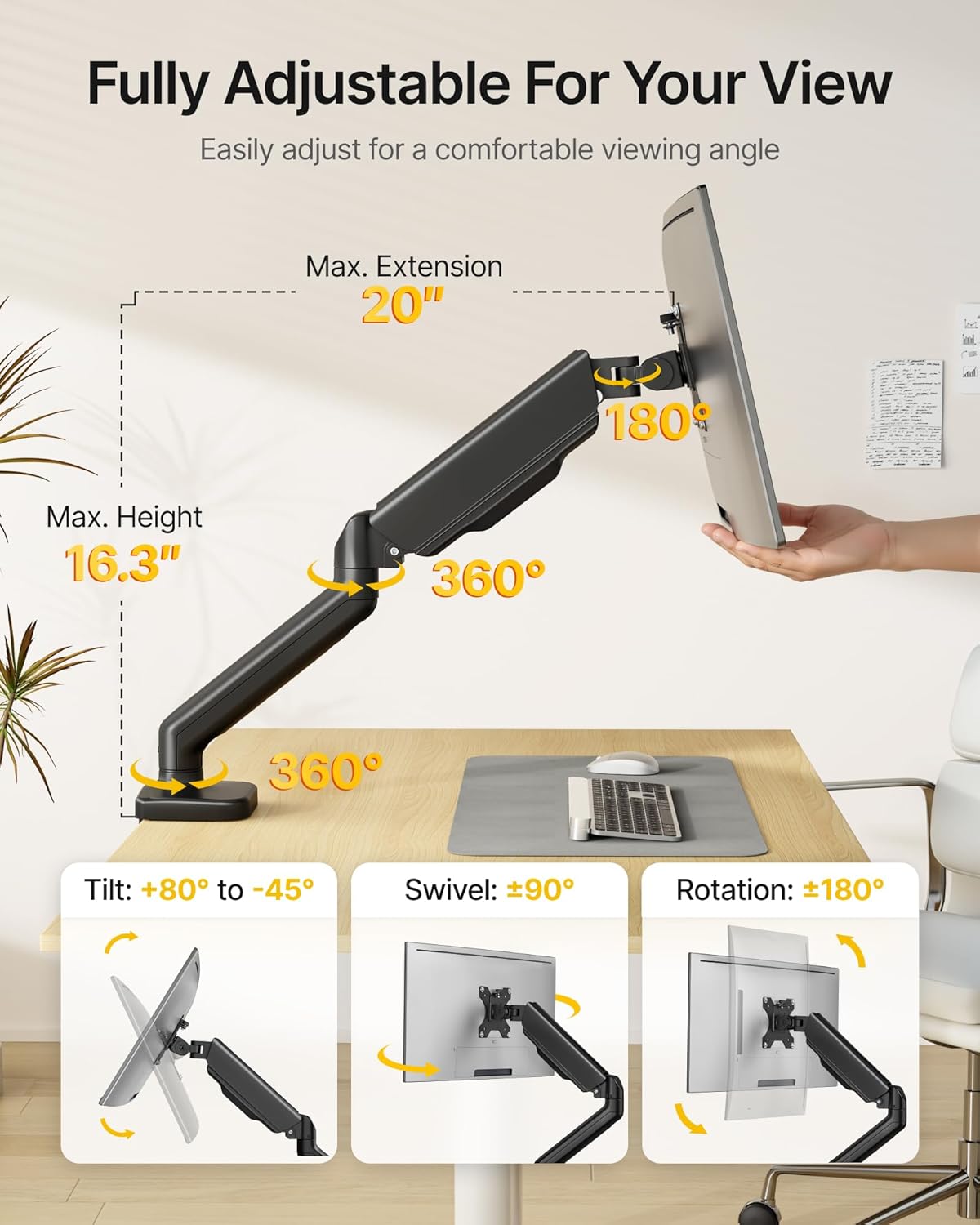 monTEK Heavy Duty Single Monitor Arm for 17-32” Flat/Curved Screens, Premium Mechanical Spring Monitor Arm up to 19.8 lbs, Full Motion Monitor Desk Mount with Quick-Release VESA Plate, Clamp/Grommet