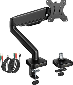 monTEK Heavy Duty Single Monitor Arm with USB/Audio Ports for 17-32” Screens, Premium Mechanical Spring Monitor Arm up to 19.8 lbs, Full Motion Monitor Desk Mount, VESA 75/100 mm, Clamp/Grommet