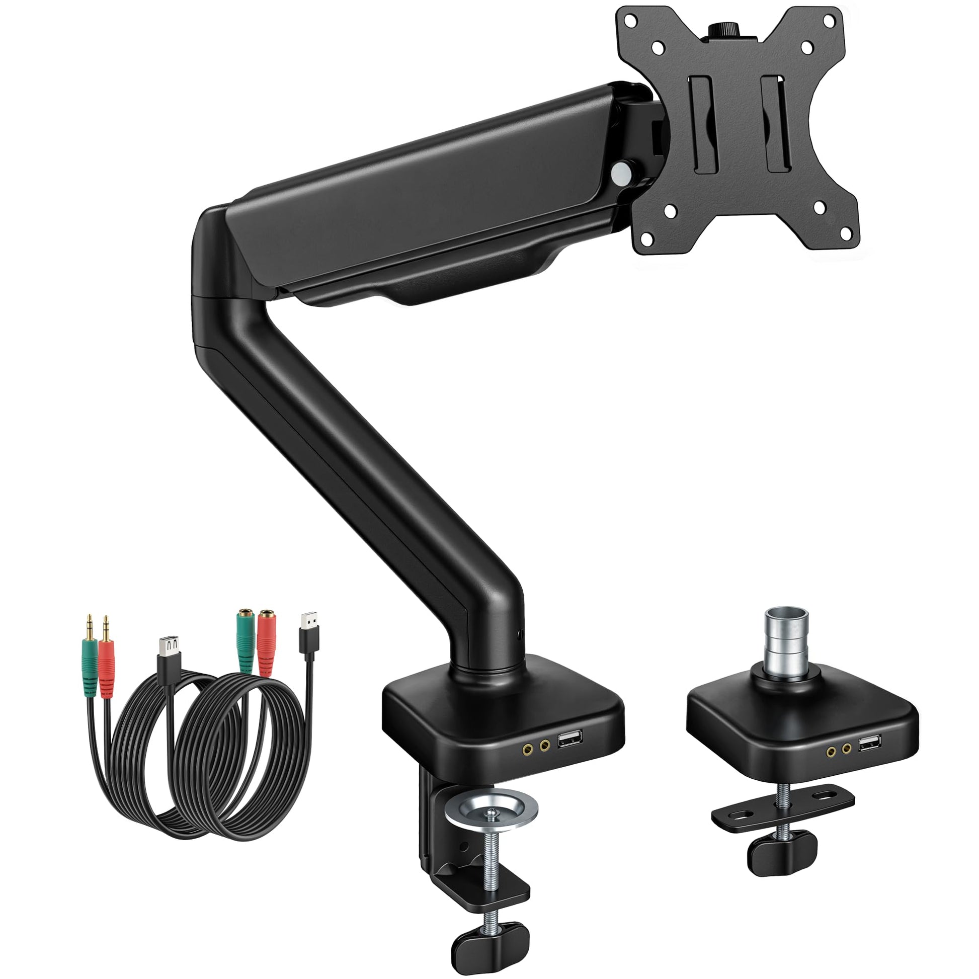 monTEK Heavy Duty Dual Monitor Arm with USB/Audio Ports for 17-32” Screens, Premium Mechanical Spring Monitor Arm up to 19.8 lbs, Full Motion Monitor Desk Mount, VESA 75/100 mm, Clamp/Grommet