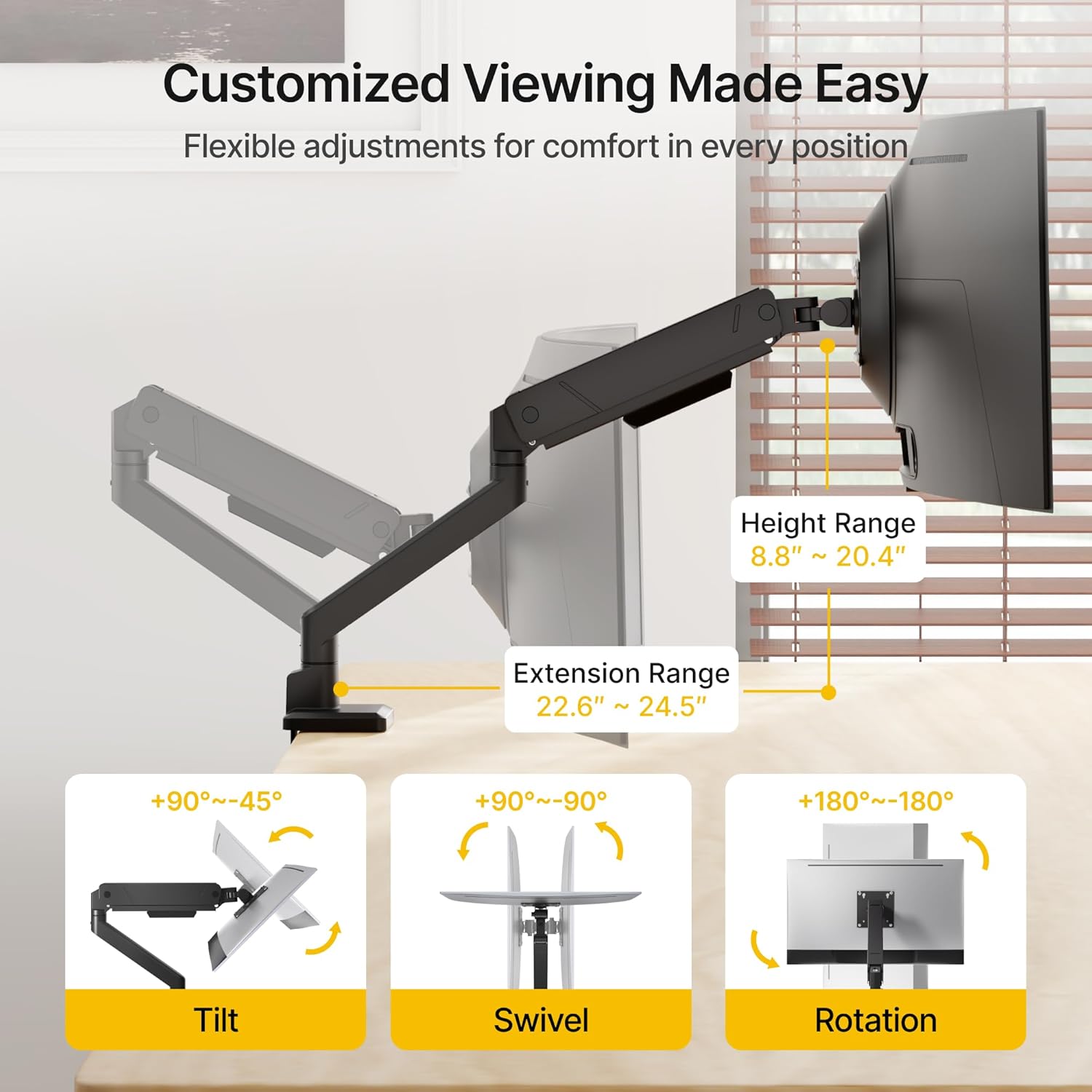 monTEK Single Monitor Arm for Max 45 Inch Ultrawide Screens Adjustable Monitor Desk Mount Holds 35 Lbs Cable Management with Clamp/Grommet Desk Mount, VESA 75/100mm, MA1007BK