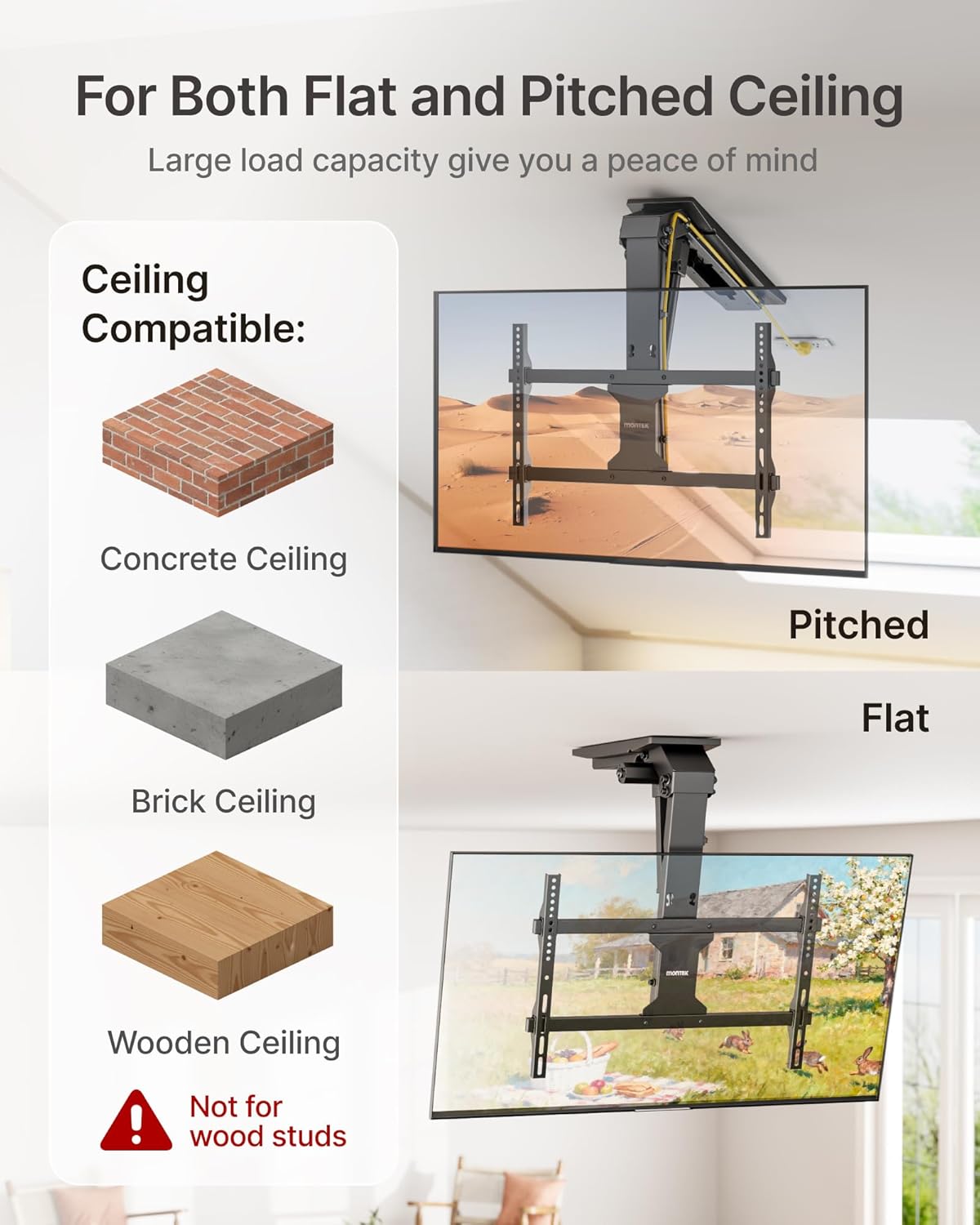 monTEK Motorized Ceiling TV Mount with Remote for 37-75 Inch TVs, Electric TV Mount Motorized Drop Down for Flat and Pitched Roof,Holds up to 99 lbs, 4X Load Tested, App and Voice Control