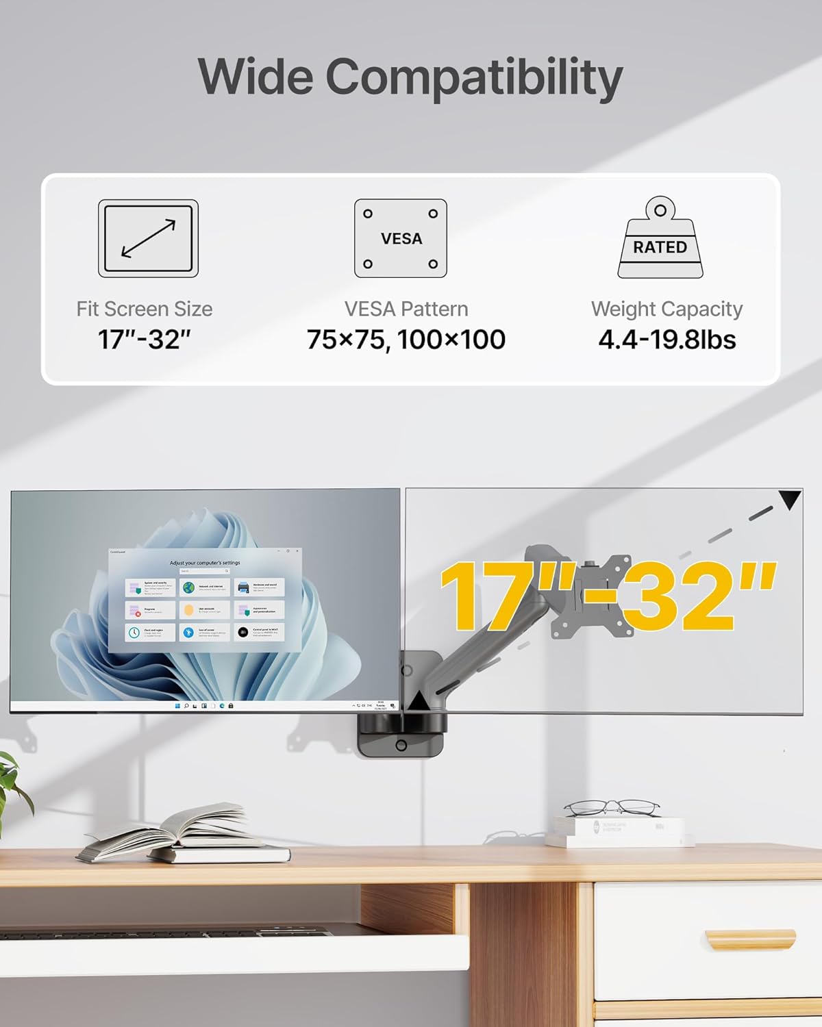 monTEK Dual Monitor Wall Mount for 17 to 32 inch Flat/Curved Screens, Each Holds to 19.8 lbs, Full Motion Adjustable Mechanical Spring Monitor Arm, 75x75/100x100 VESA Wall Mount, Black