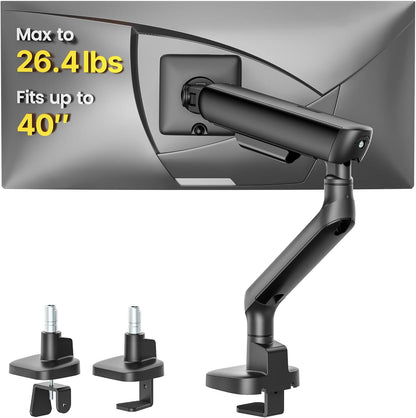 monTEK Single Monitor Arm, Mechanical Spring Monitor Arm for 17-40" Ultrawide Screens, Adjustable Monitor Desk Mount Holds up to 26.4 lbs with C Clamp/Grommet Desk Mount, VESA 75/100mm, MA1011BK