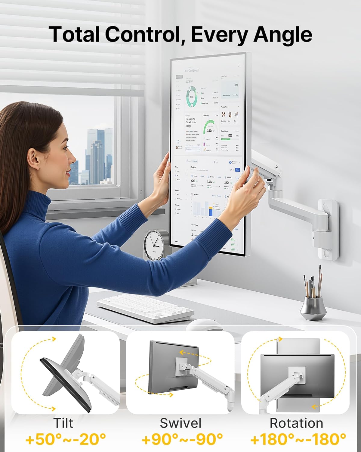 monTEK Ultra Wide Monitor Wall Mount for 17-49 Inch Screens, Heavy Duty Single Monitor Mount up to 44 lbs, Fully Adjustable Gas Spring Wall Mount, 75x75/100x100 VESA Mount, White
