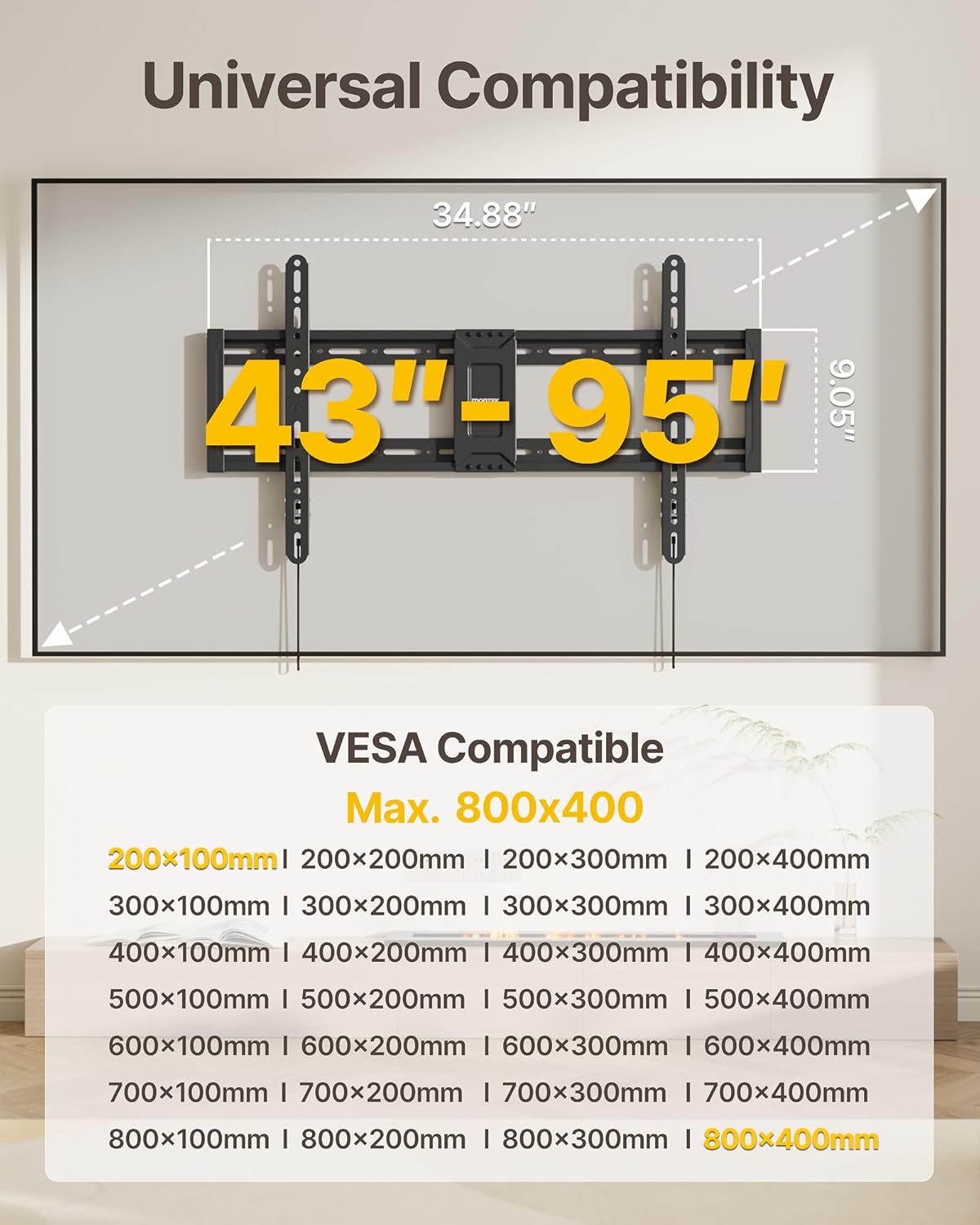 monTEK Heavy Duty Fixed TV Wall Mount for 43–95 Inch TVs, 1.1" Ultra Slim Low Profile Bracket, 200 lbs Capacity, Max VESA 800x400mm, Fits 16"/18"/24" Studs, Space-Saving for Large Flat & Curved TVs