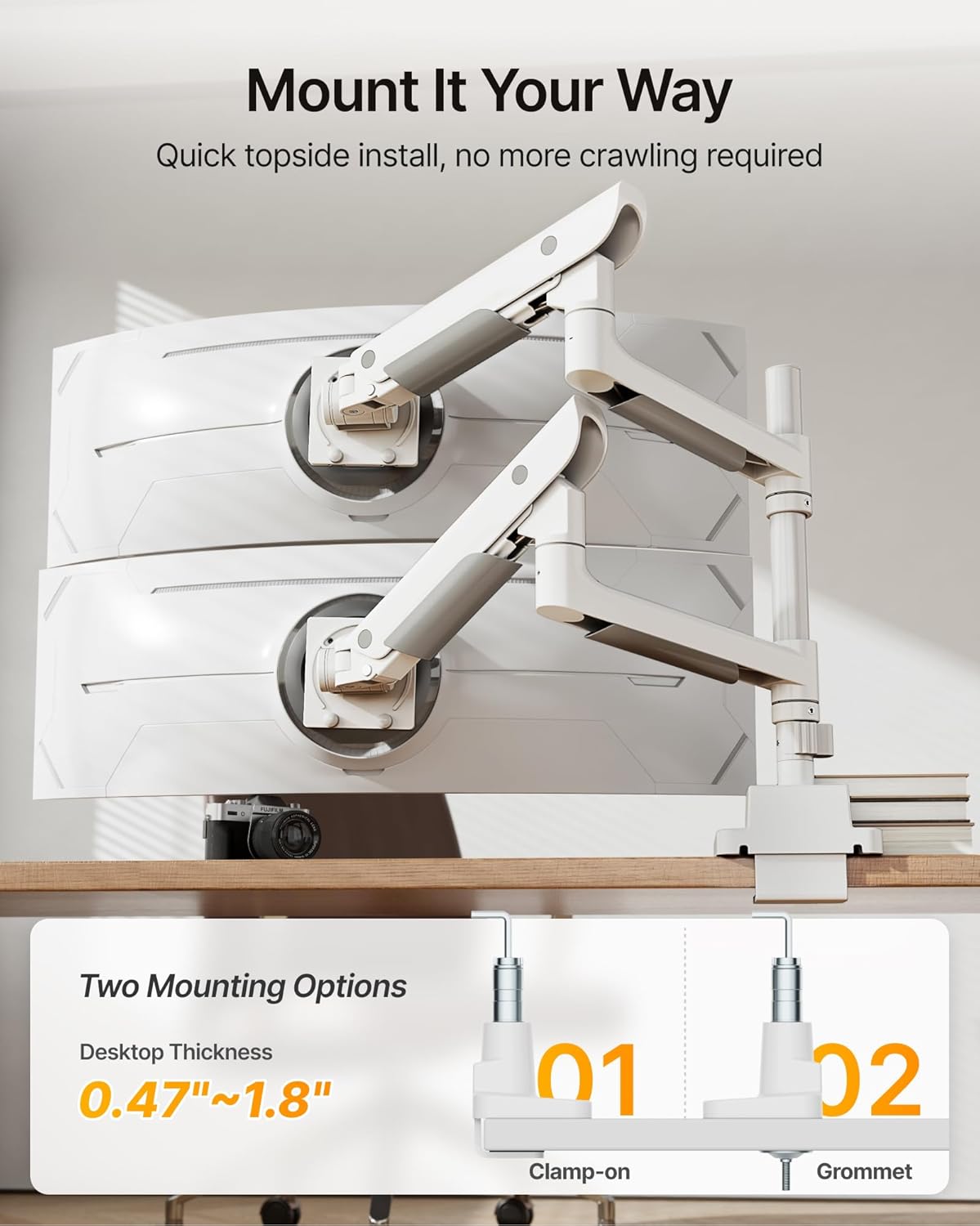 monTEK Premium Aluminum Monitor Arm for 17–57” Ultrawide Screens up to 59 lbs, USB 3.0 Dual Desk Mount with Adjustable Gas Spring, Quick-Release Plate, 10-Min Assembly, Clamp/Grommet, Max VESA 100x100