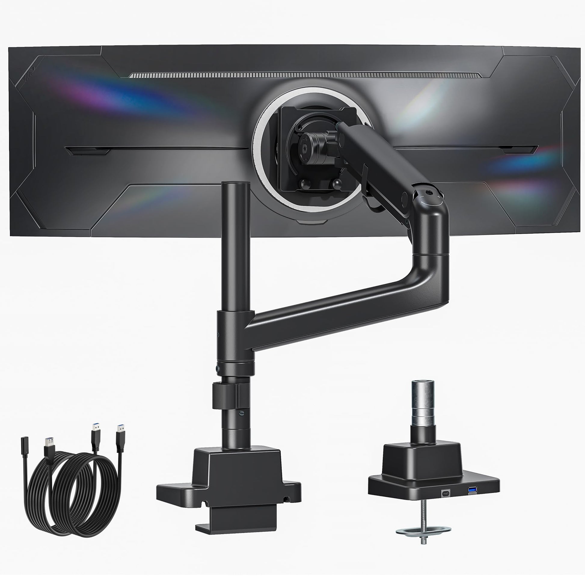 monTEK Heavy-Duty Single Monitor Arm for 17-57 inch, up to 59.4lbs Ultrawide Screens,Gas Spring Dual Curved Adjustable Monitor Stand for Desk,75/100mm VESA Mount with USB，White