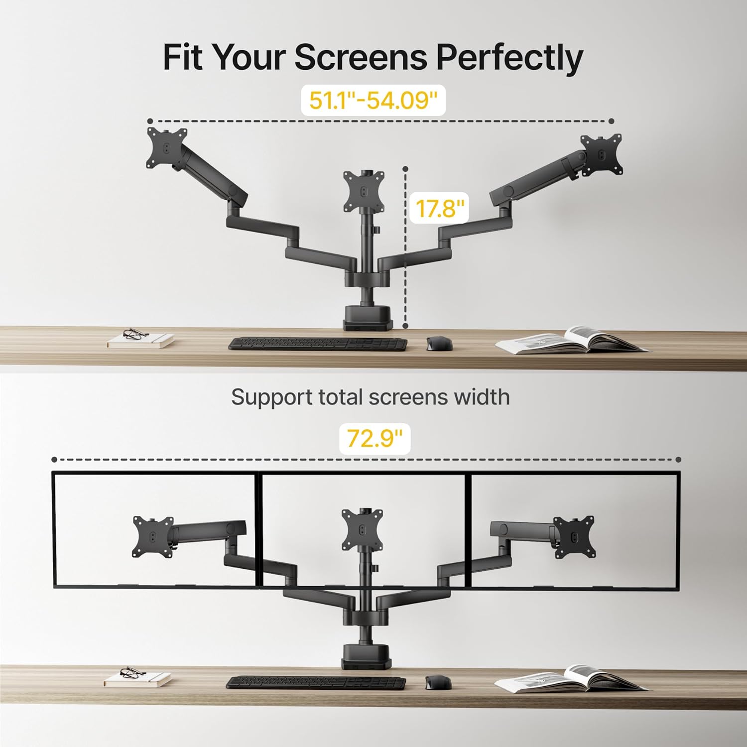 monTEK Triple Monitor Mount for Max 27 inch Computer Screens, 3 Monitor Desk Mount Each Arms Holds up to 19.8lbs, Three Monitors Desk Arm with Swivel, Tilt, Rotation, MA1009PBK-T