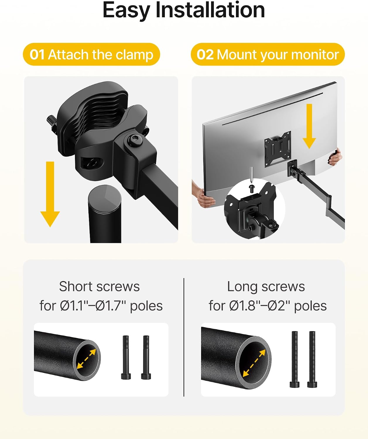 monTEK Universal VESA Steel Pole Mount Full Motion Monitor Arm, Fits 17 to 32 Inch Screens with Removable 75x75/100x100 VESA Plate, Holds Up to 10kg/22lbs, Black Clamp Mount with Cable Management