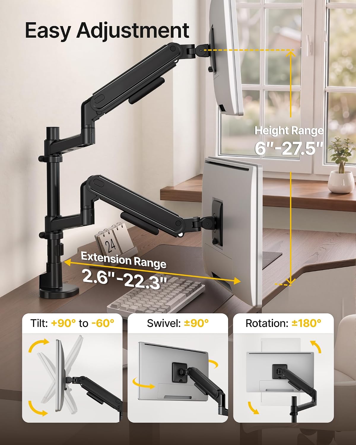 monTEK Dual Vertical Monitor Arm up to 40 inch, Aluminum Heavy-Duty Height Adjustable Stacked Desk Monitor Stand Full Motions Arm Mechanical Spring Holds Up to 26.4lbs,VESA 75x75/100x100,Black