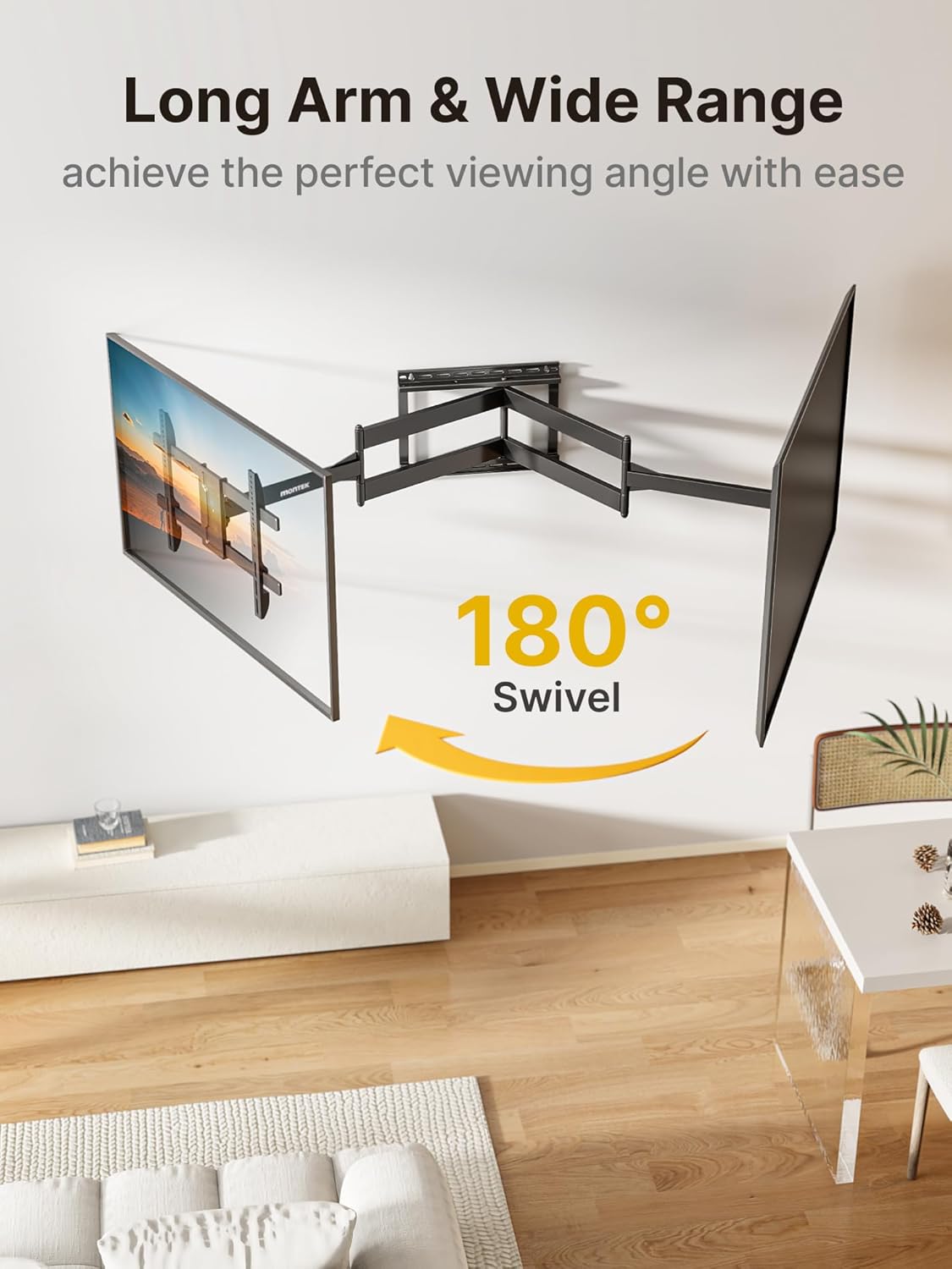 monTEK Long Arm TV Wall Mount for 43-80 Inch TVs, 42 Inch Extension, Swivel and Tilt, Full Motion, Max VESA 600 x 400mm, Up to 110 lbs, 16',18' Studs