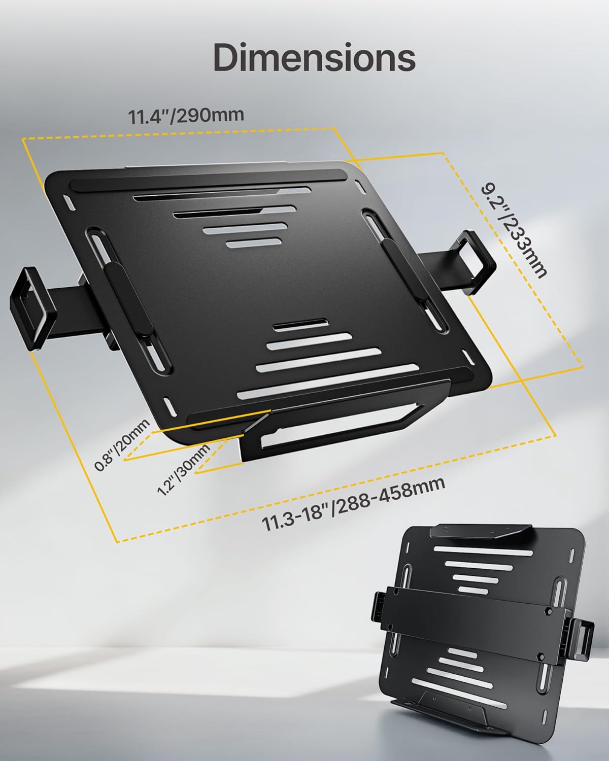 monTEK Adjustable Laptop Tray for Monitor Arm & Stand, Universal VESA Mount Laptop Holder 12″–18″, Fits Thick Gaming Laptops, Heavy-Duty Steel up to 19.8lbs, VESA 75x75/100x100 Office/Studio/Gaming