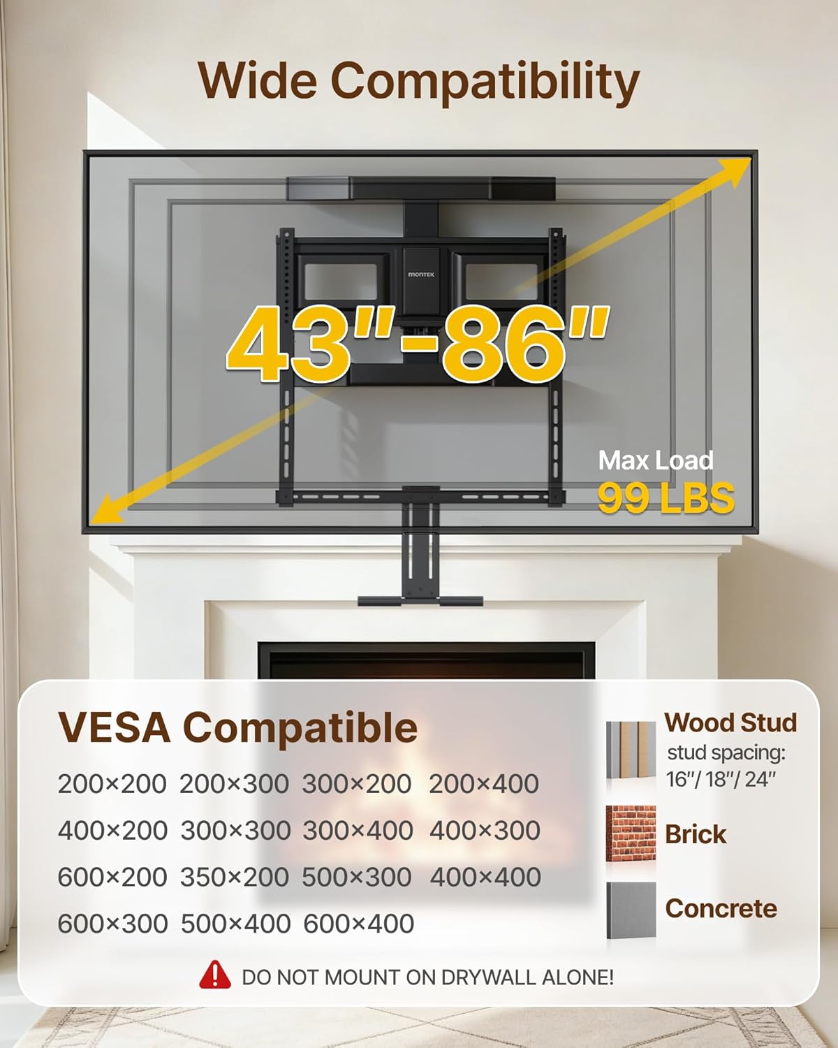 monTEK Fireplace Pull Down TV Mount for 43-86 Inch TVs Up to 99lbs, Swivel & Leveling Drop Down TV Mount, Pull Down TV Mount Over Fireplace with Padded Handle Bar, Max VESA 600x400mm