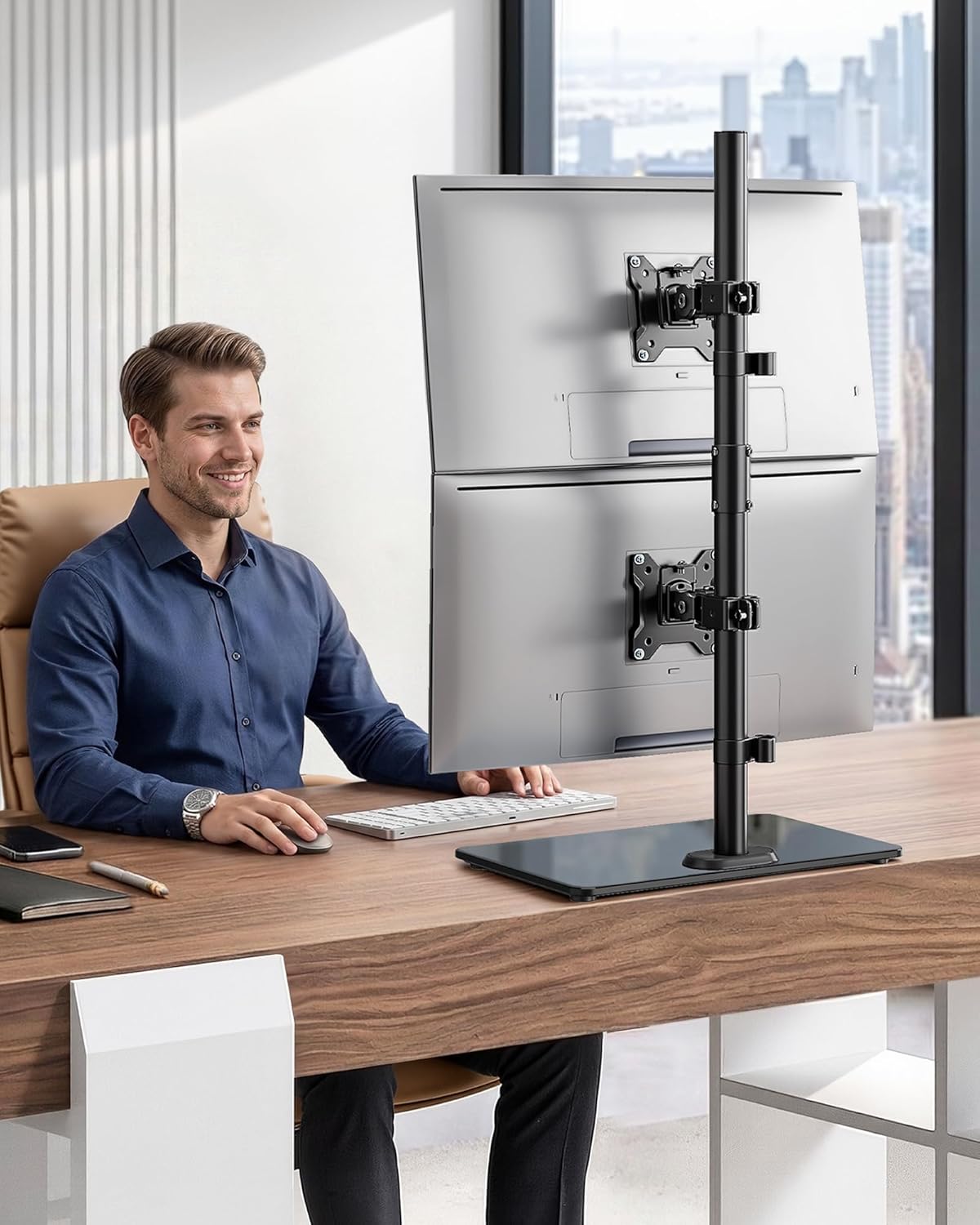 monTEK Vertical Dual Monitor Stand with Sleek Glass Base for 17-32 inch Screens, Free-Standing Dual Monitor Mount Holds 22 lbs per Arm, Fully Motion Height Adjustable, VESA 75/100 MM