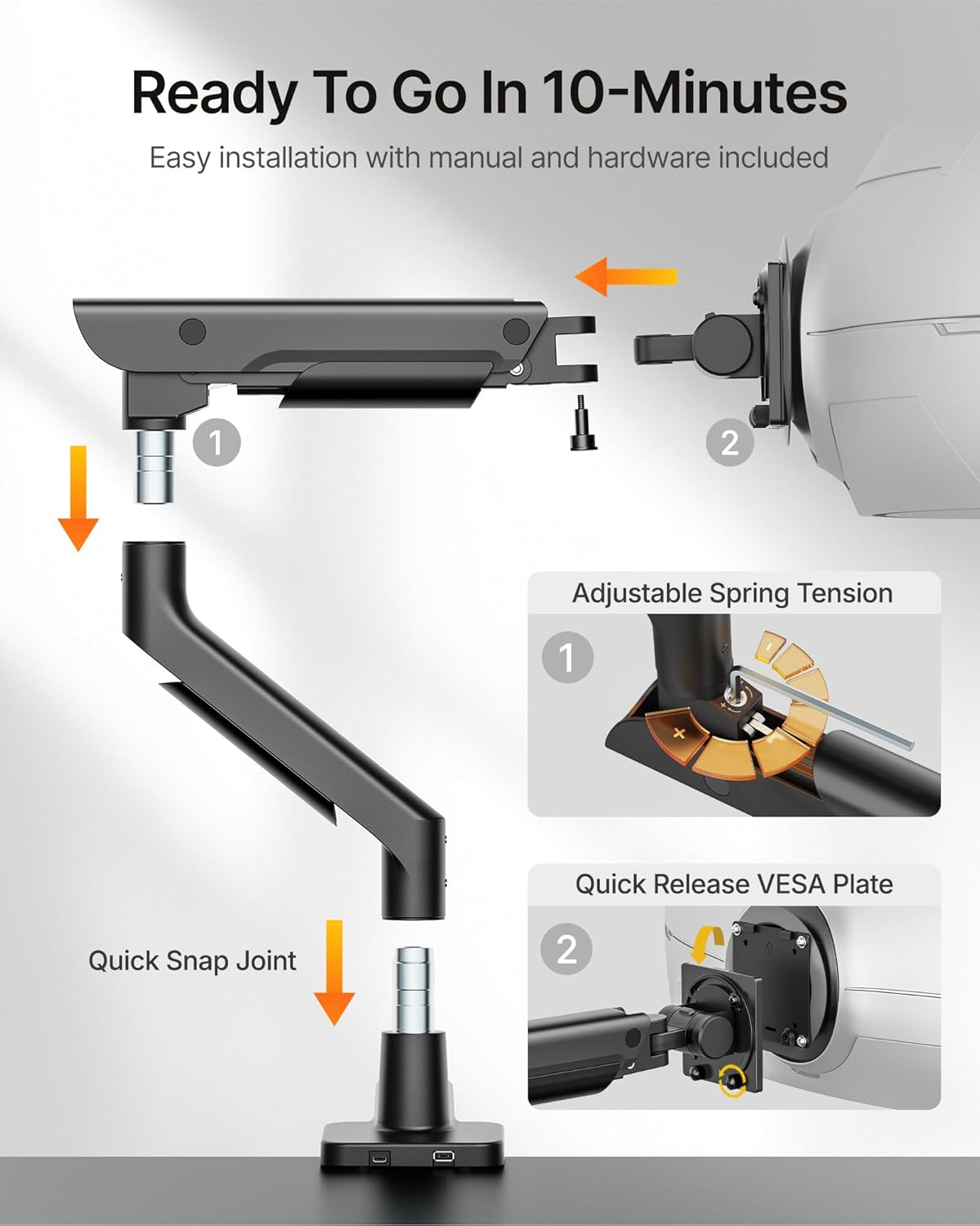 monTEK Premium Aluminum Monitor Arm for 17–57” Ultrawide Screens up to 59 lbs, USB 3.0 Single Desk Mount with Adjustable Gas Spring, Quick-Release Plate, 10-Min Assembly, Clamp/Grommet, VESA 100x100