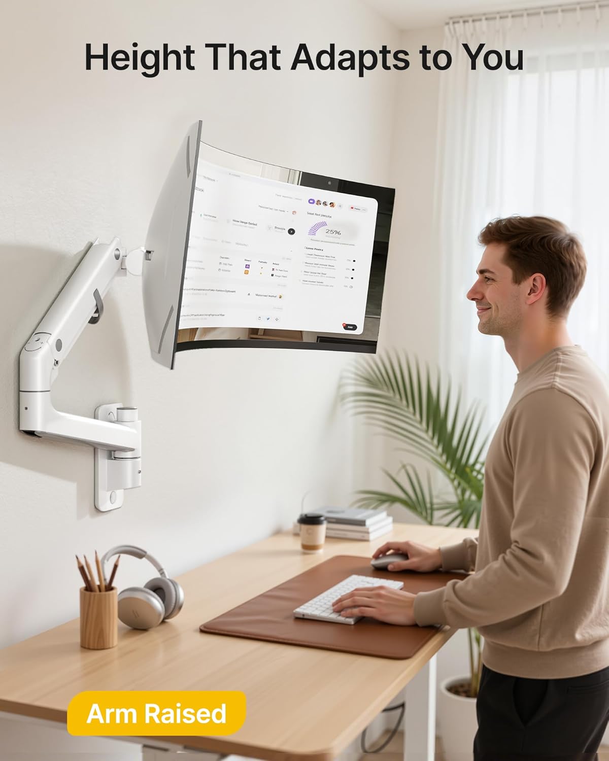 monTEK Monitor Wall Mount for 17-57“ up to 59.4 lbs Ultrawide Screens, Single Heavy-Duty Aluminum Gas Spring Monitor Arm with Full Motion Adjustment, VESA 75x75/100x100 Compatible, White