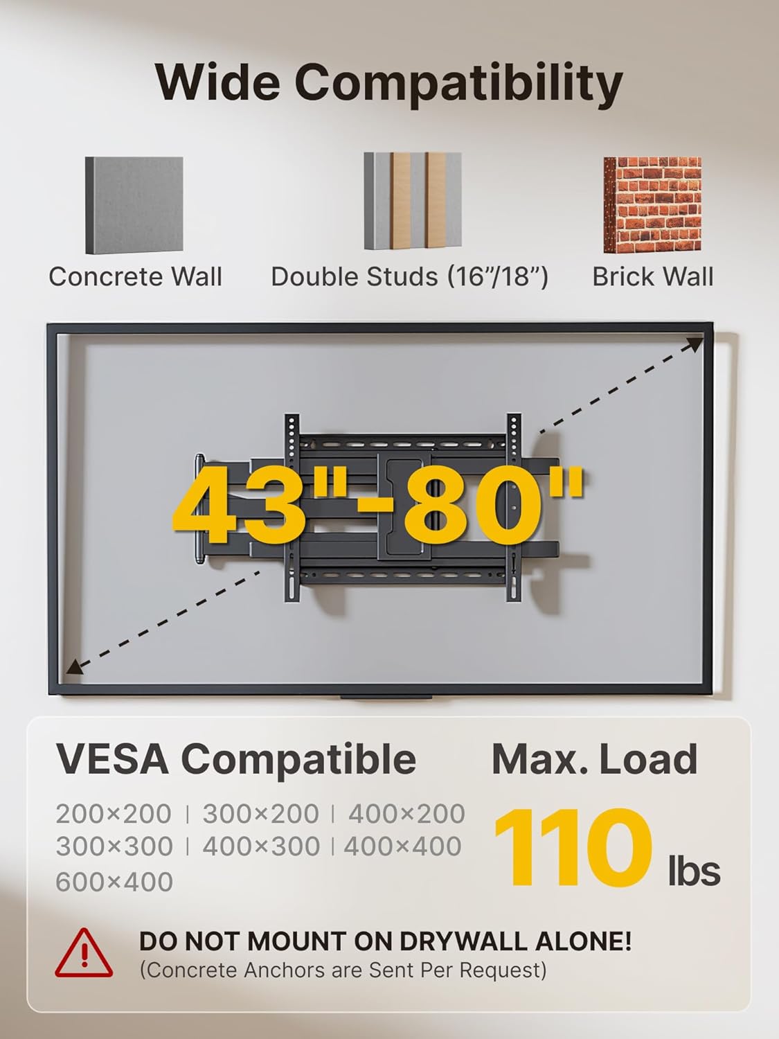monTEK Long Arm TV Wall Mount for 43-80 Inch TVs, 42 Inch Extension, Swivel and Tilt, Full Motion, Max VESA 600 x 400mm, Up to 110 lbs, 16',18' Studs