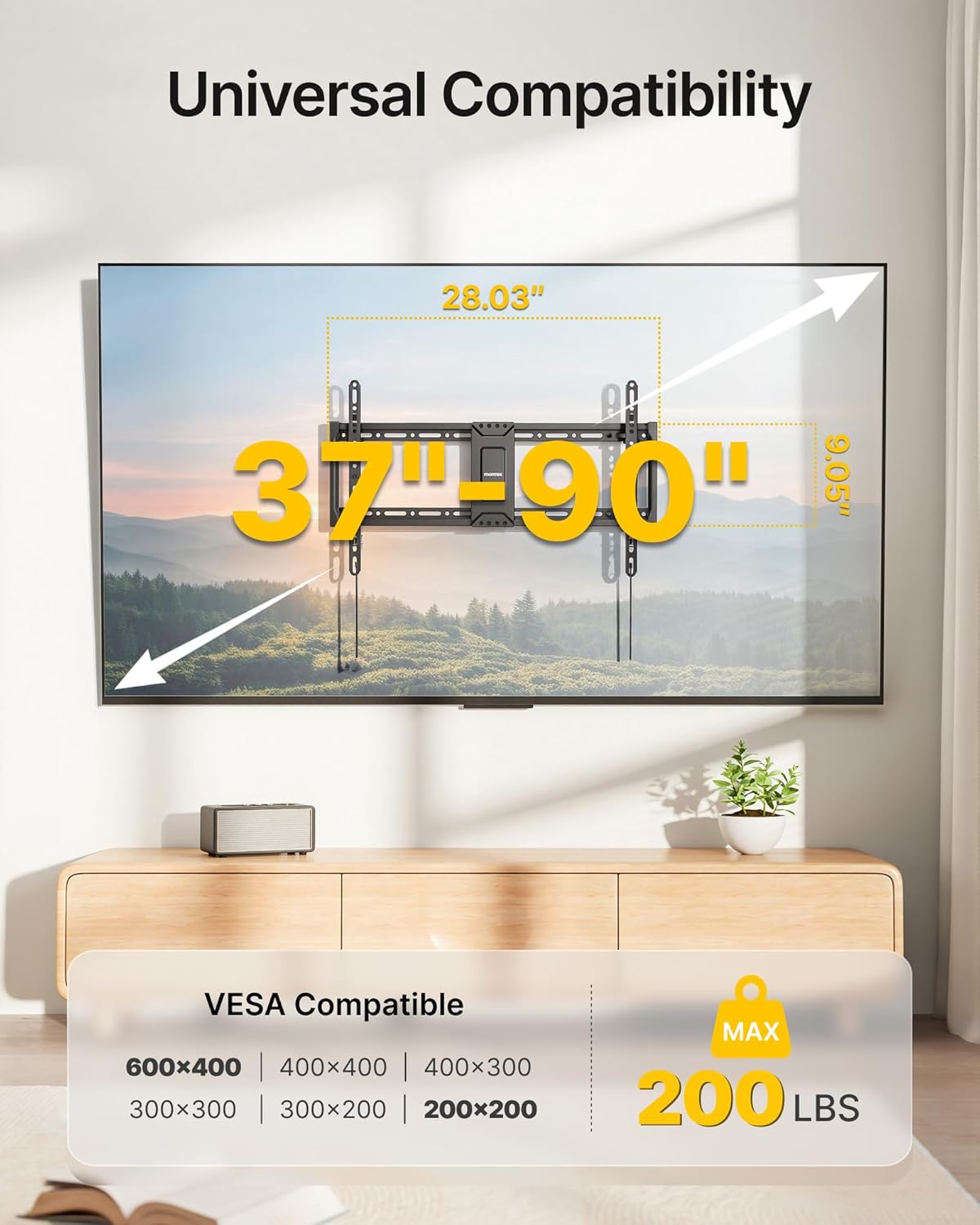 monTEK Heavy Duty Tilting TV Wall Mount for 37-90 Inch TVs, 200 lbs Capacity, 1.65" Slim Low Profile Wall Bracket, Max VESA 600x400mm Fits 16"/18"/24" Studs, Space-Saving for Large Flat & Curved TVs