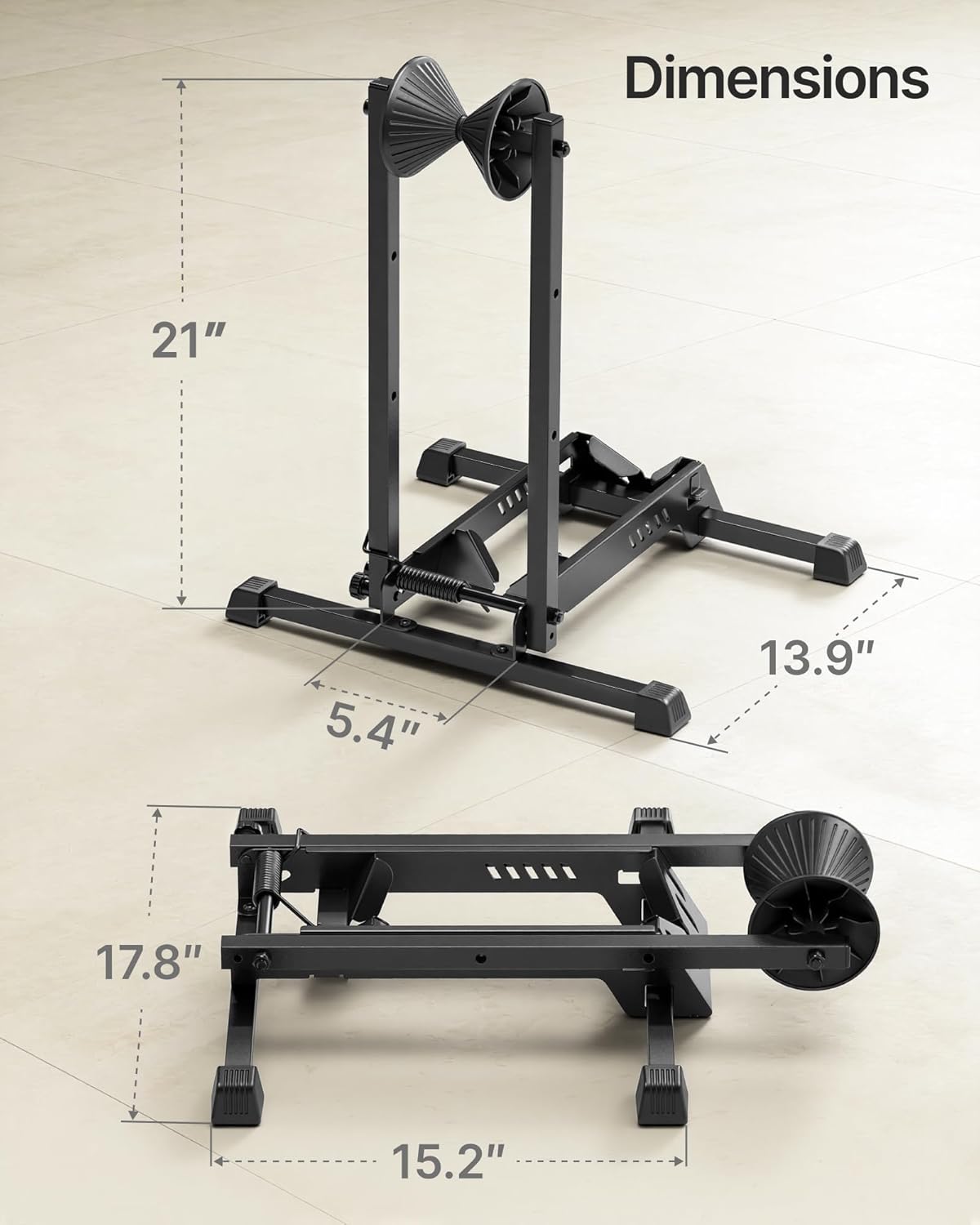 monTEK Heavy-Duty Bike Floor Stand for Max 4.5" Tire Width | 77lbs Capacity Dual-Arm Foldable Bicycle Storage Rack | 3-Level Height Adjustable | Fit 20"-26" Wheels for Road, Mountain & Fat Bikes