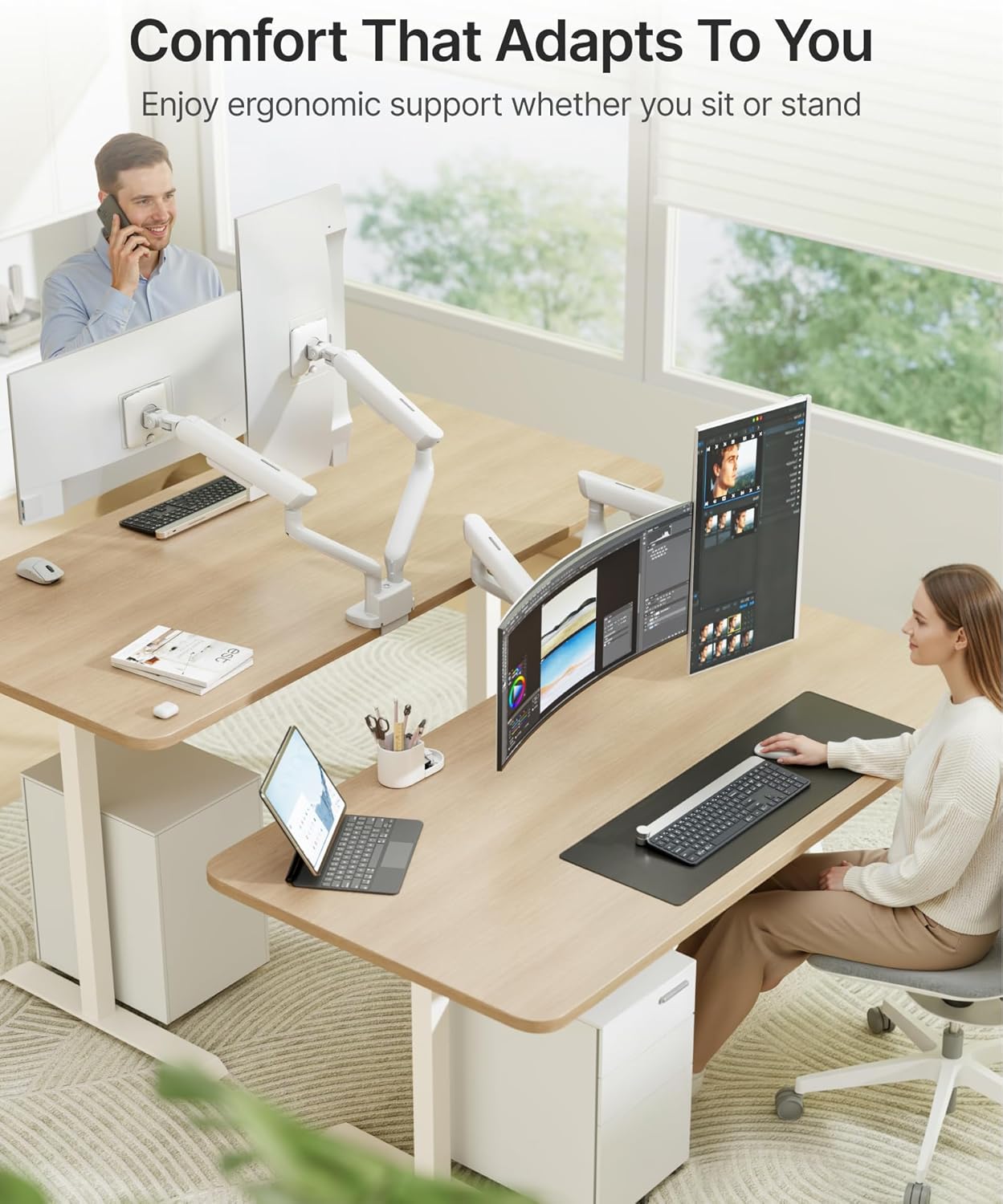 monTEK Dual Monitor Arm, Mechanical Spring Monitor Arm for 17-35" Screens, Adjustable Monitor Desk Mount Each Holds up to 24.2 lbs with C Clamp/Grommet Desk Mount, VESA 75/100mm, MA1011WH-D