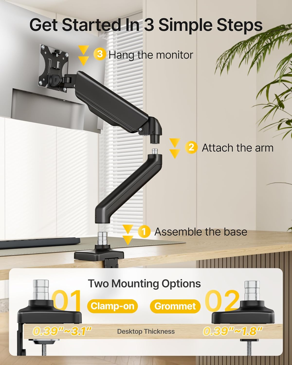 monTEK Heavy Duty Single Monitor Arm for 17-32” Flat/Curved Screens, Premium Mechanical Spring Monitor Arm up to 19.8 lbs, Full Motion Monitor Desk Mount with Quick-Release VESA Plate, Clamp/Grommet