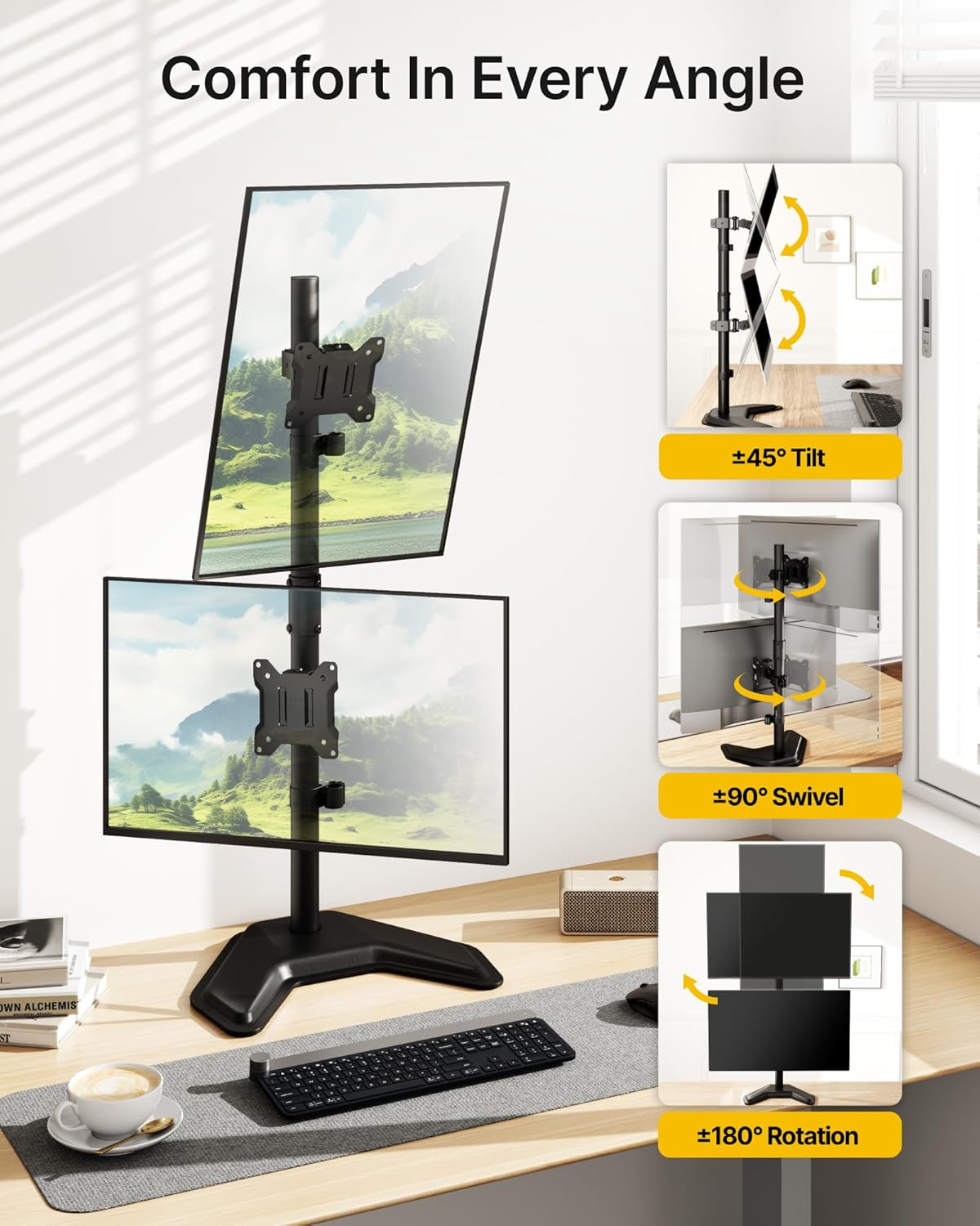 monTEK Stable Stacked Dual Monitor Stand, Heavy-Duty Vertical Monitor Mount for 17-32 inch Screen, Full Motion Arm with Tilt, Swivel, Rotation, Up to 22 lbs per Arm, Solid V-Shaped Base, VESA 100×100