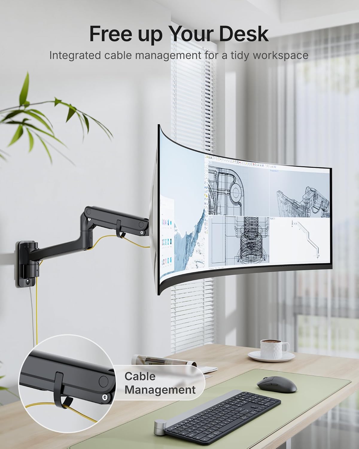 monTEK 17-49 inch Single Monitor Wall Mount for up to 44 lbs Ultrawide Screen, Premium Aluminum Heavy Duty Monitor Arm with Adjustable Gas Spring Arm, 75x75/100x100 VESA Mount, Black